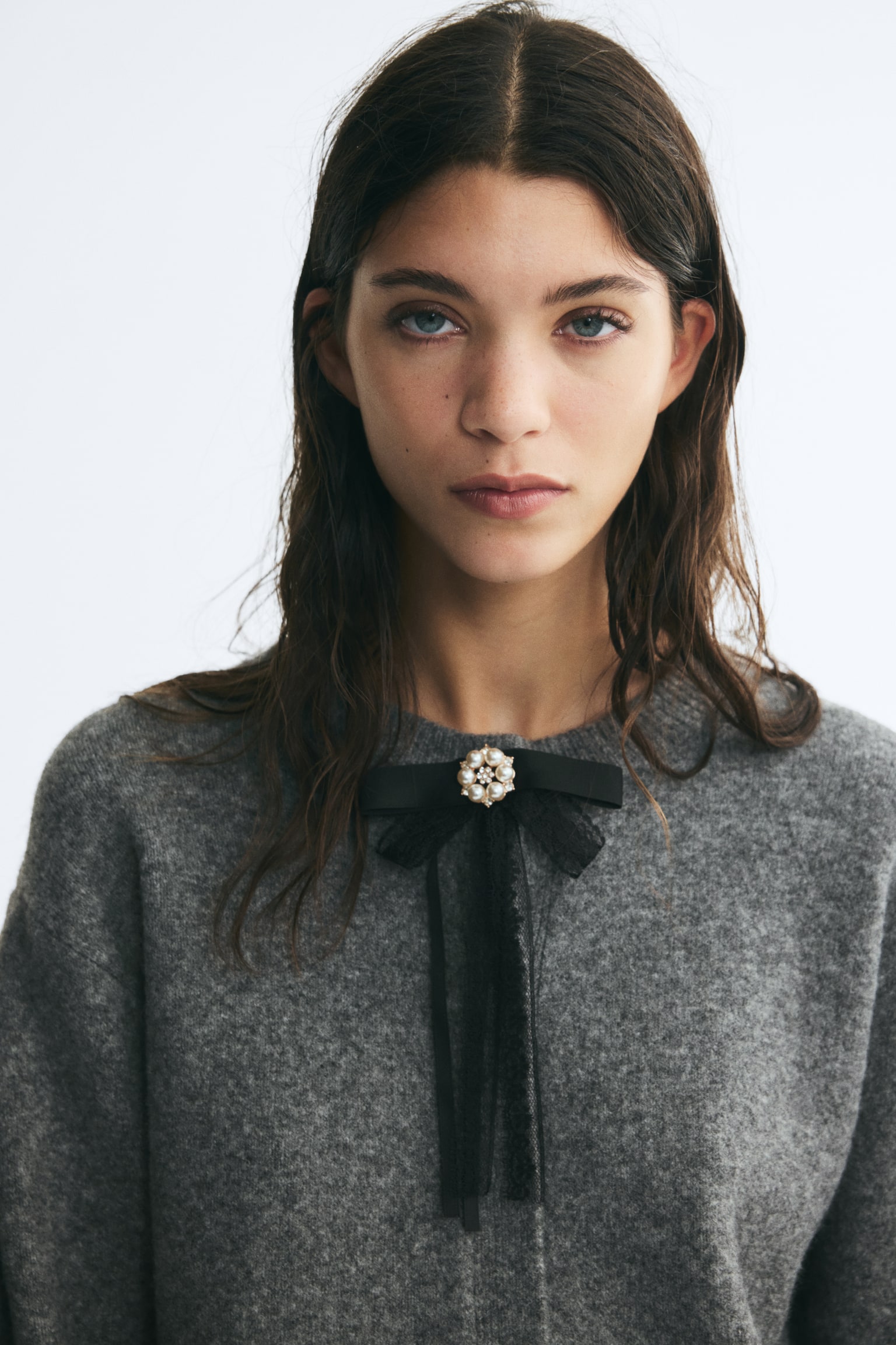 Женский кардиган H&M Bow-Detail Puff-Sleeved, цвет: Серый меланжевый — фото 4