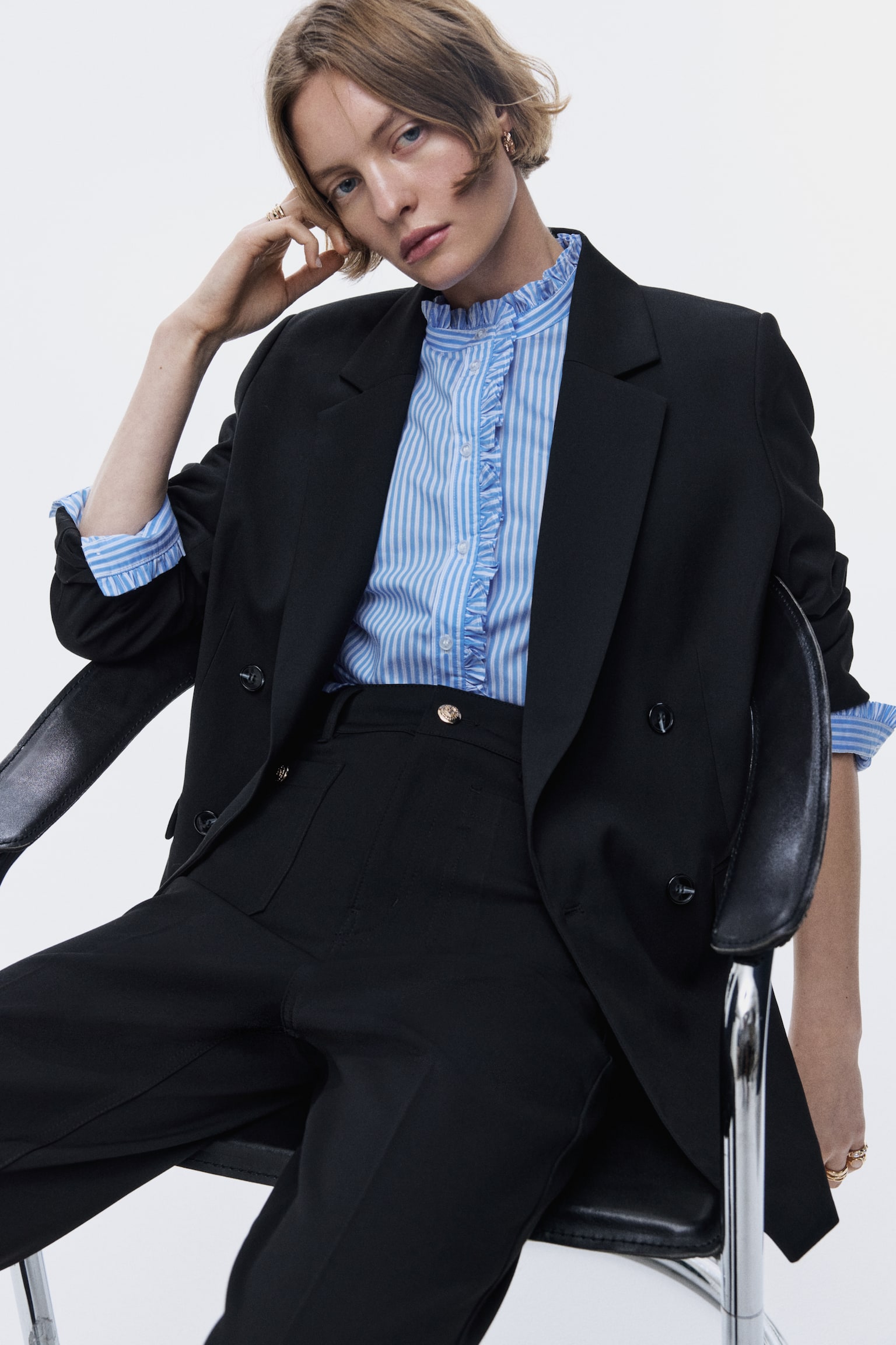 Frill-trimmed poplin blouse - Màu xanh dương/Kẻ - 8