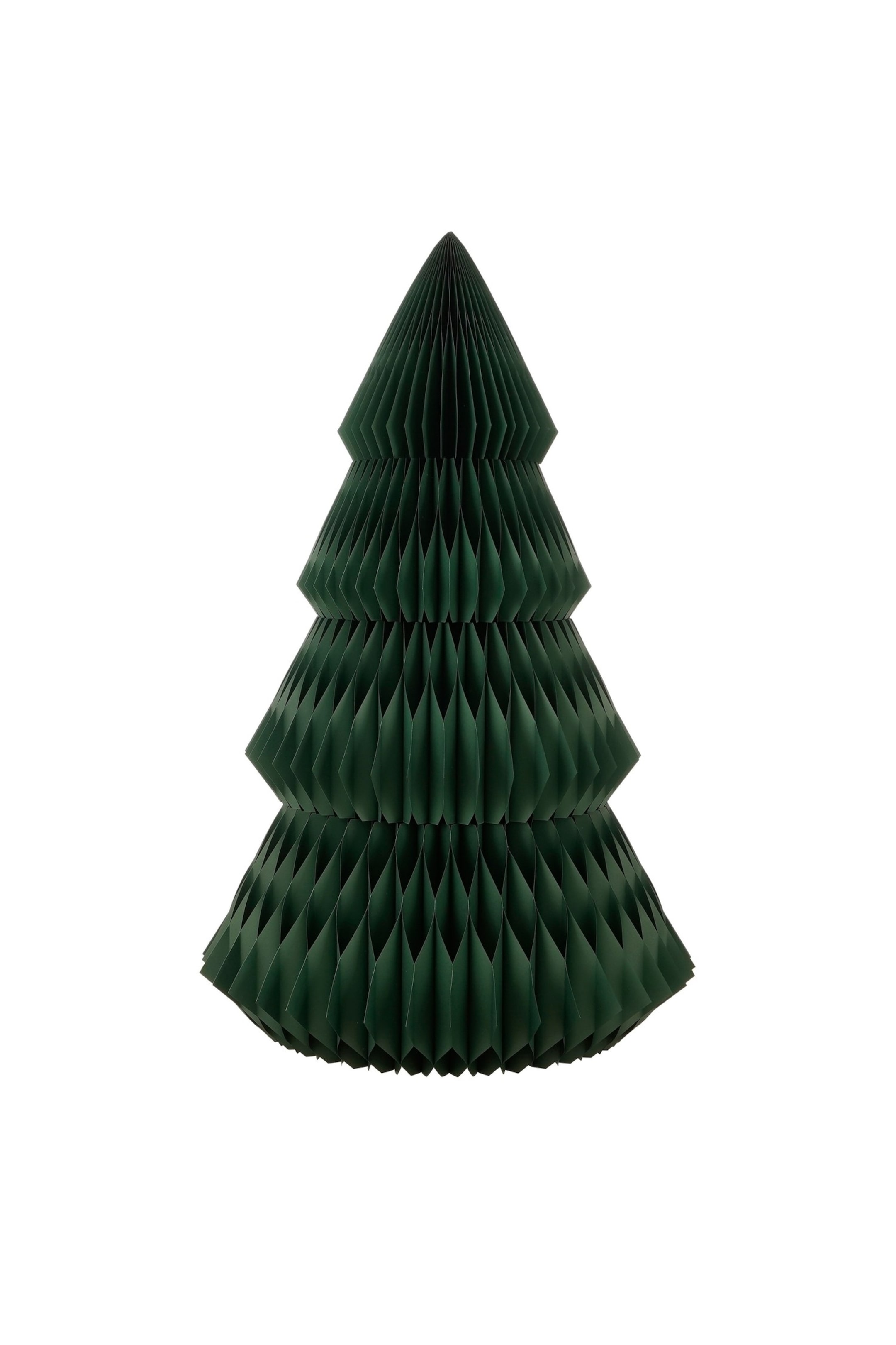 Ver imagen más grande: Una decoración navideña de papel de color verde oscuro en forma de árbol está colocada en posición vertical, presentando una silueta cónica con tres niveles bien definidos. Cada nivel está construido con papel plegado en acordeón, creando una superficie texturizada.