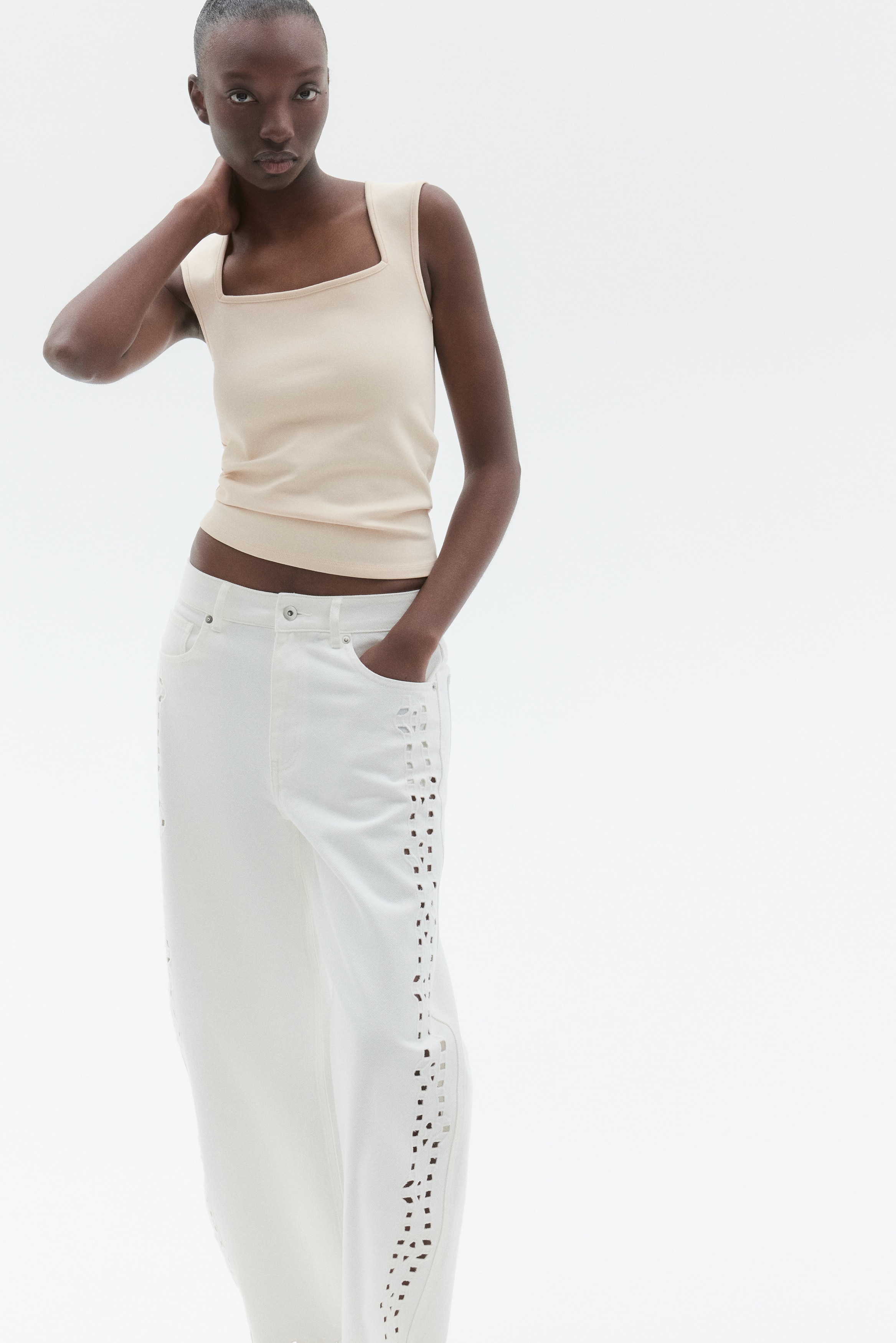 Women's Light beige Ribbed Square-Neck Tank Top | H&M US