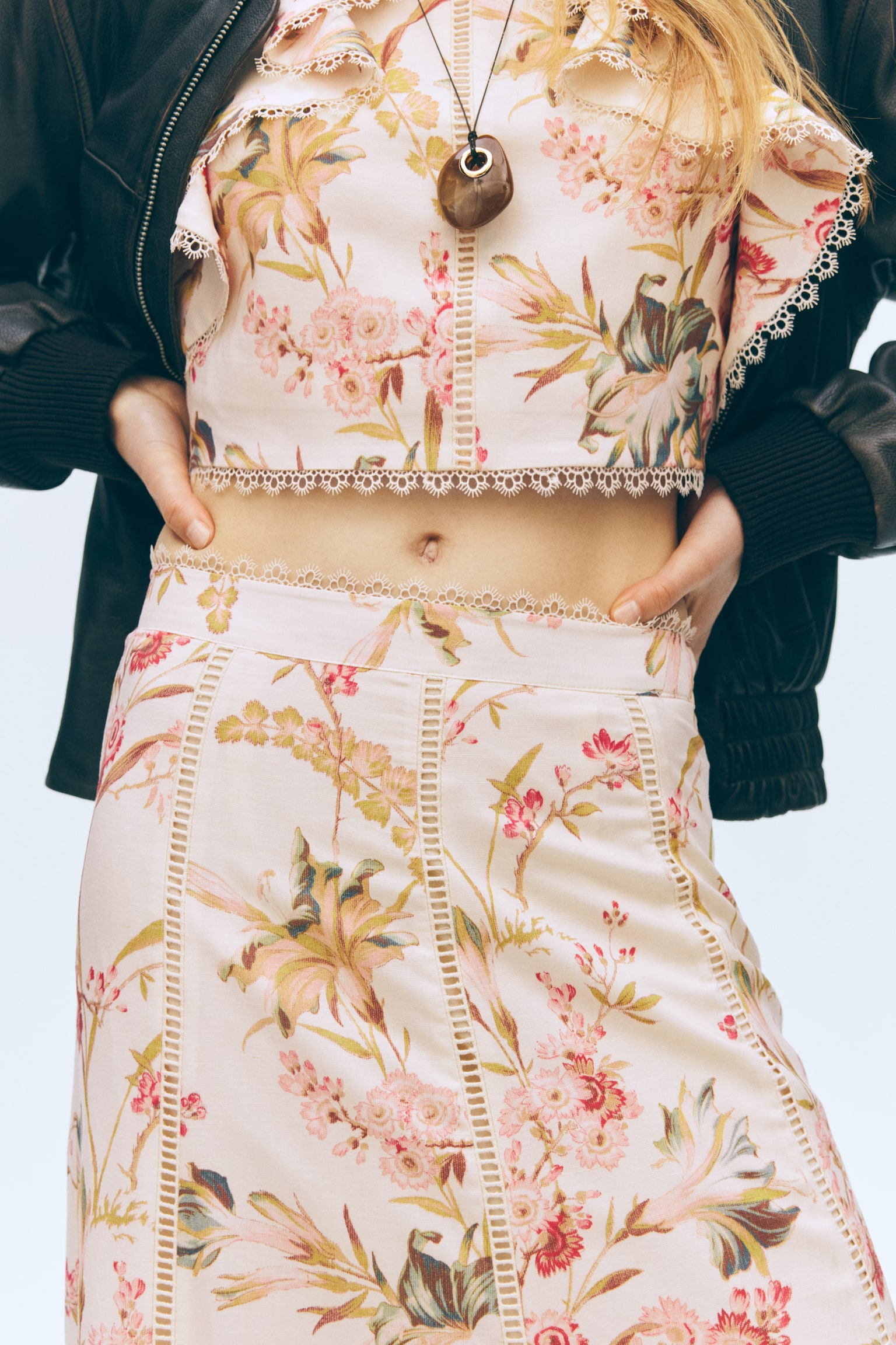 Linen-blend skirt - Light beige/Floral - 3