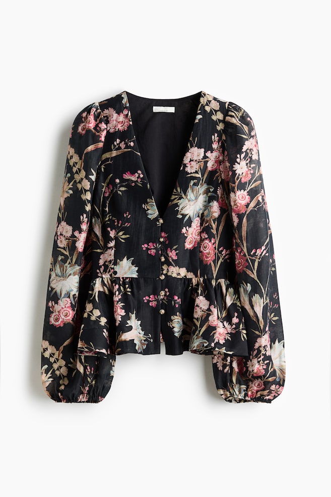 Linen Blend Peplum Blouse - Black/Floral/Yellow/Floral - 1