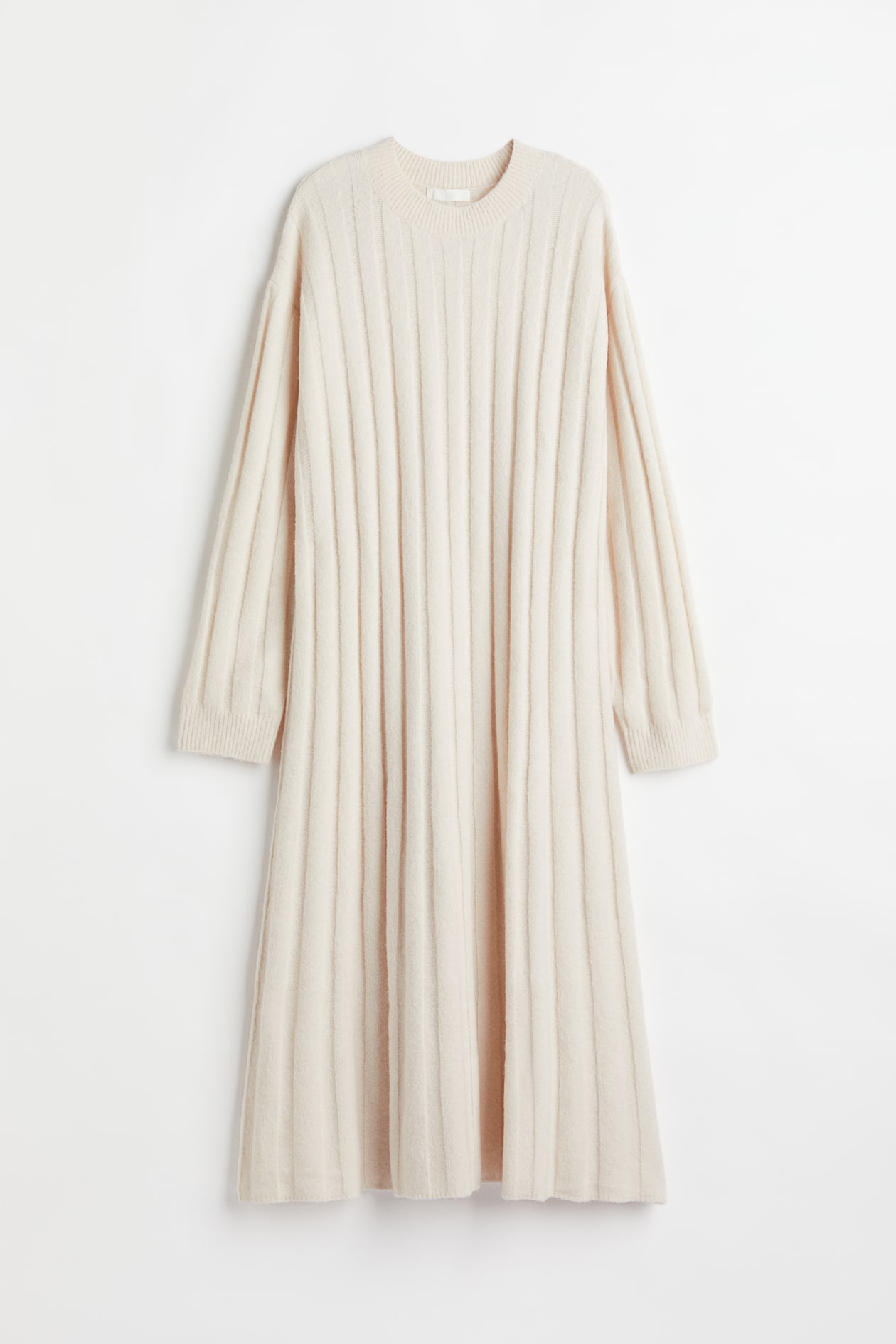 Rib-knit dress - Round neck - Long sleeve - Light beige - Ladies | H&M GB