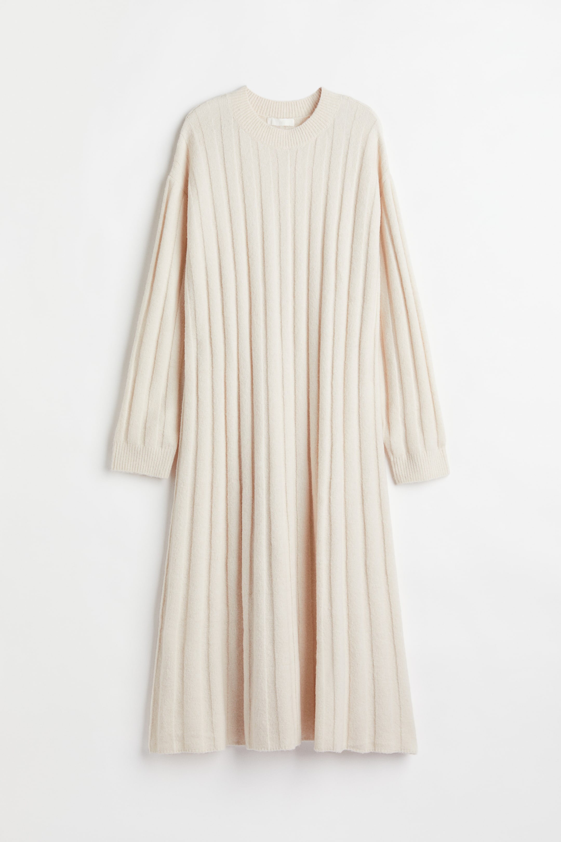 Rib-knit dress - Round neck - Long sleeve - Light beige - Ladies | H&M GB