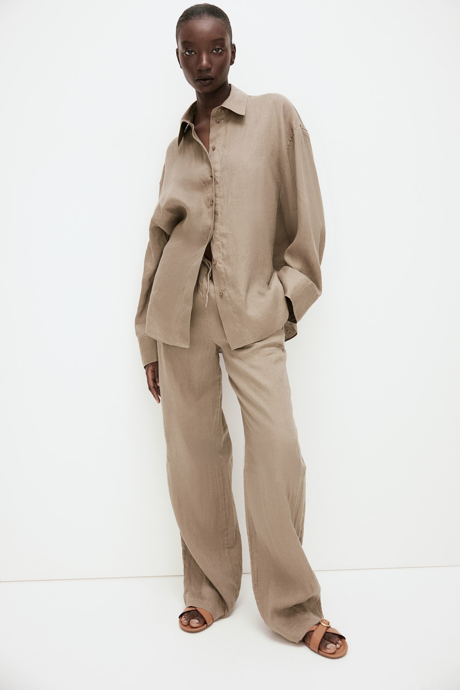 Wide Linen Pants - Dark beige/Light beige/Dark grey - 3