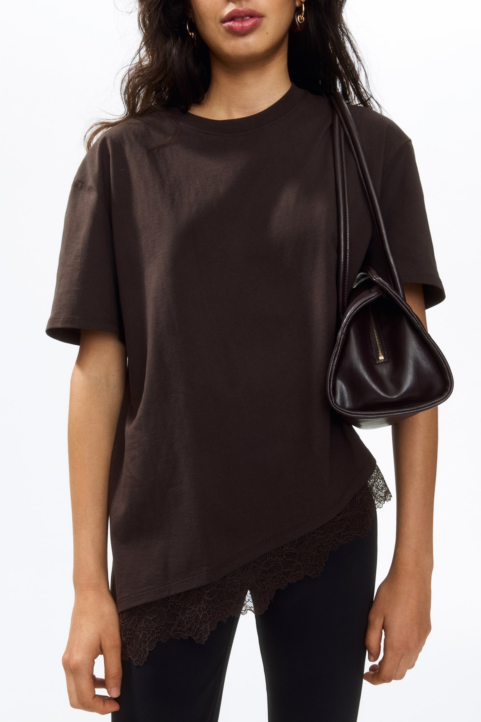Asymmetric Lace-Trimmed T-Shirt-Dark brown - 4