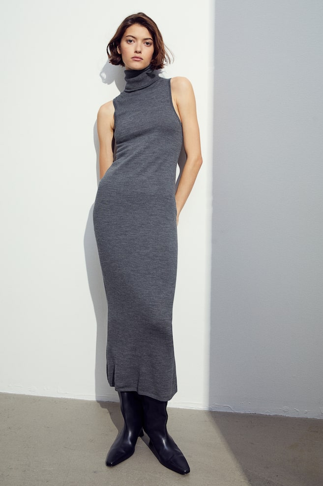 Merino wool polo-neck dress - Dark grey marl - 1
