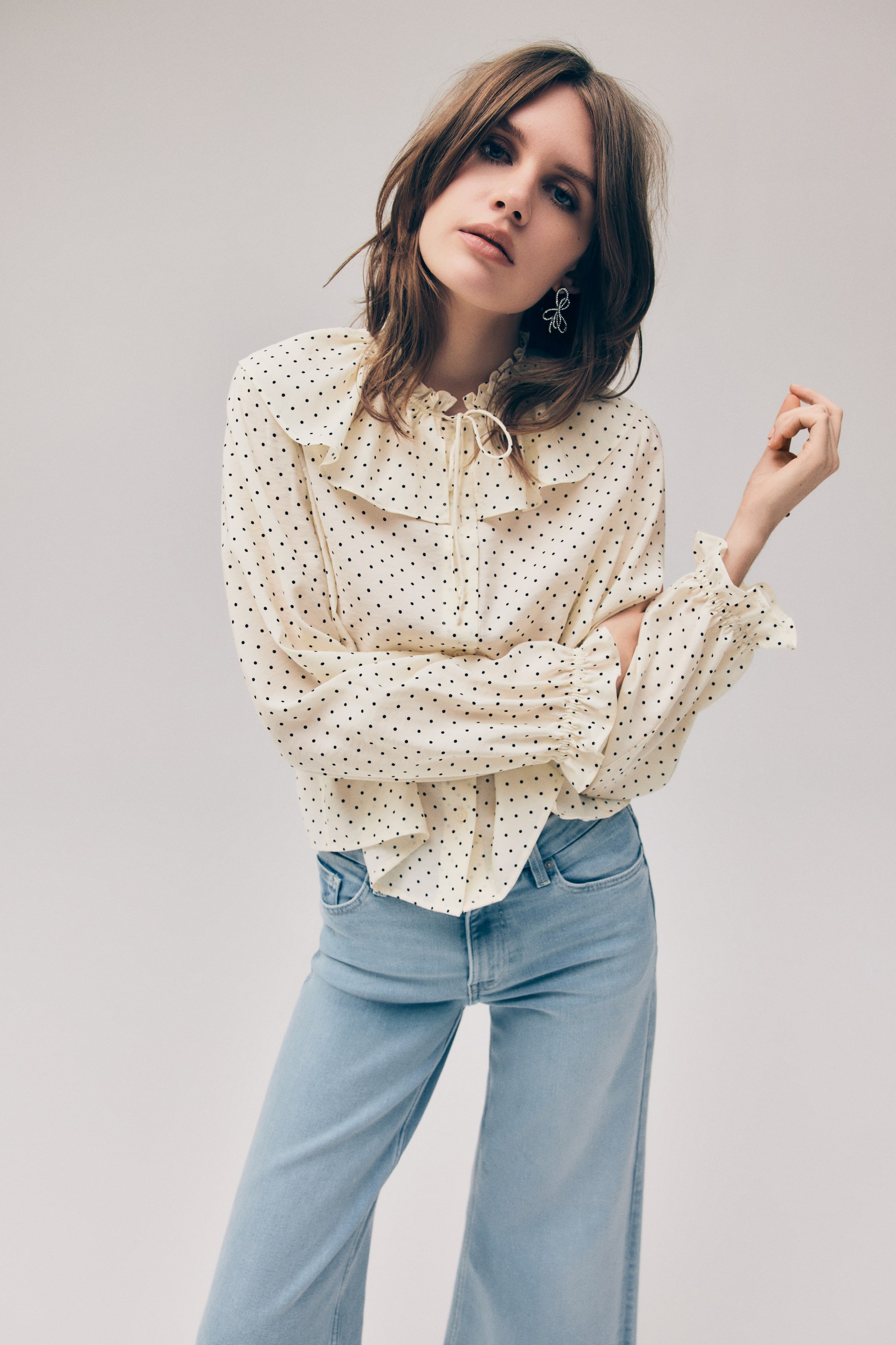 View larger image: Frill-trimmed blouse - Light beige/Spotted - Ladies | H&M IN 2