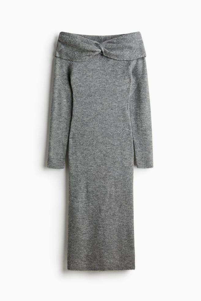 Fine-Knit Off-the-Shoulder Dress - Gray melange/Dusty yellow/Black - 1
