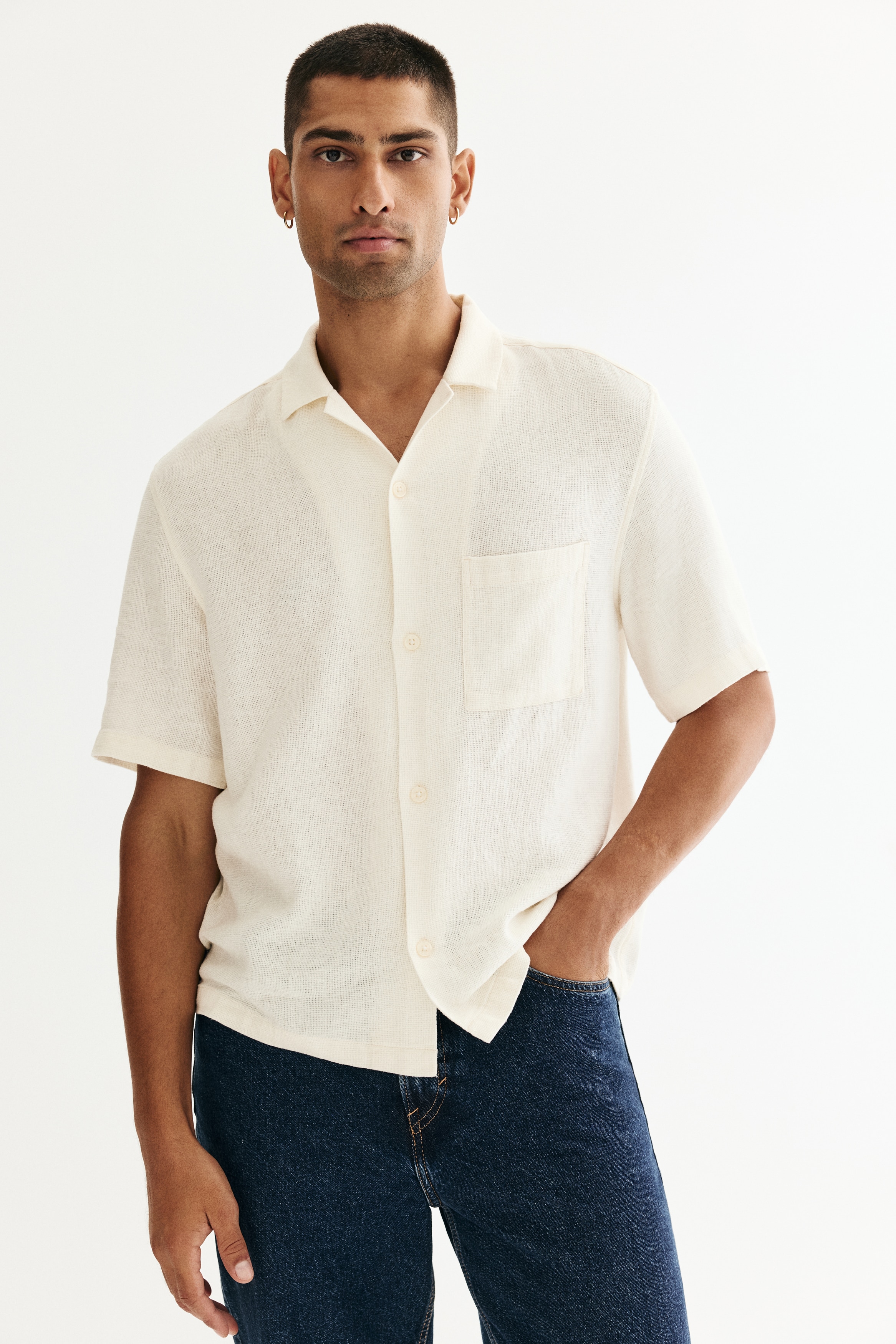 Camisa Regular Fit en mezcla de lino - Blanco/Verde pistache/Azul claro/Franjas/Blanco/Franjas