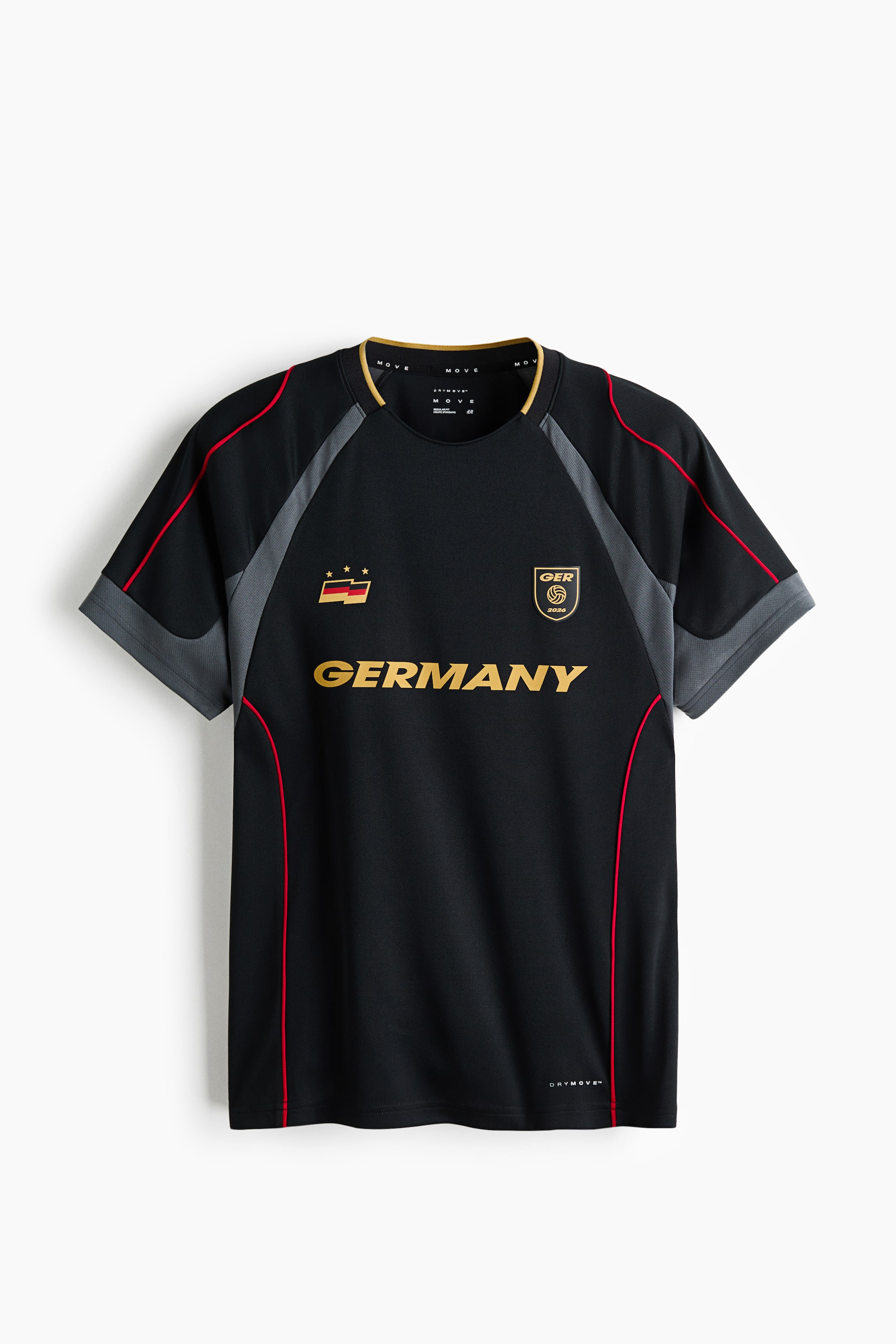 View larger image: A black soccer jersey is showcasing its front, featuring a round neck with gold trim, short sleeves with grey cuffs, and grey panels with red piping extending from the shoulders down the sides. The chest displays "GERMANY" in gold text, a three-star flag emblem, and a circular "GER 2024" emblem, with "DRYMOVE" branding visible on the lower right hem.
