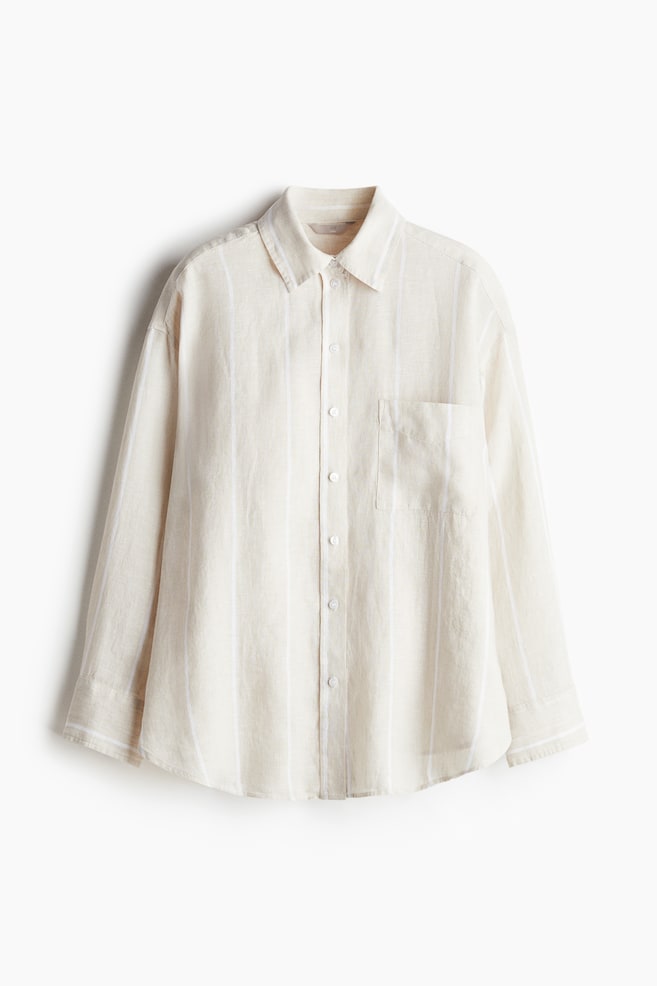 Oversized linen shirt - Light beige/Striped - 1