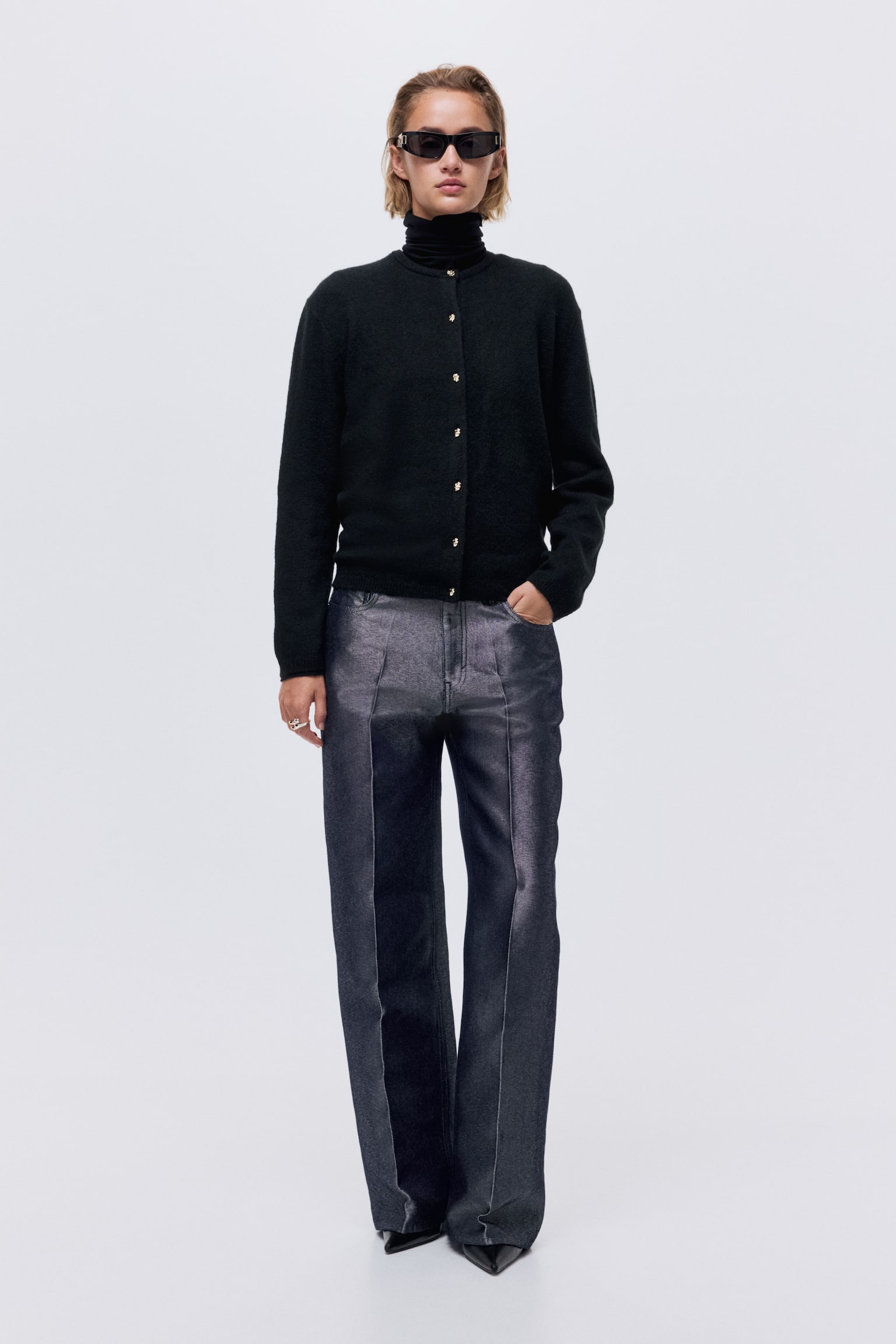 Fine-knit cardigan - Black/Cream/Dark grey marl/Powder pink - 6