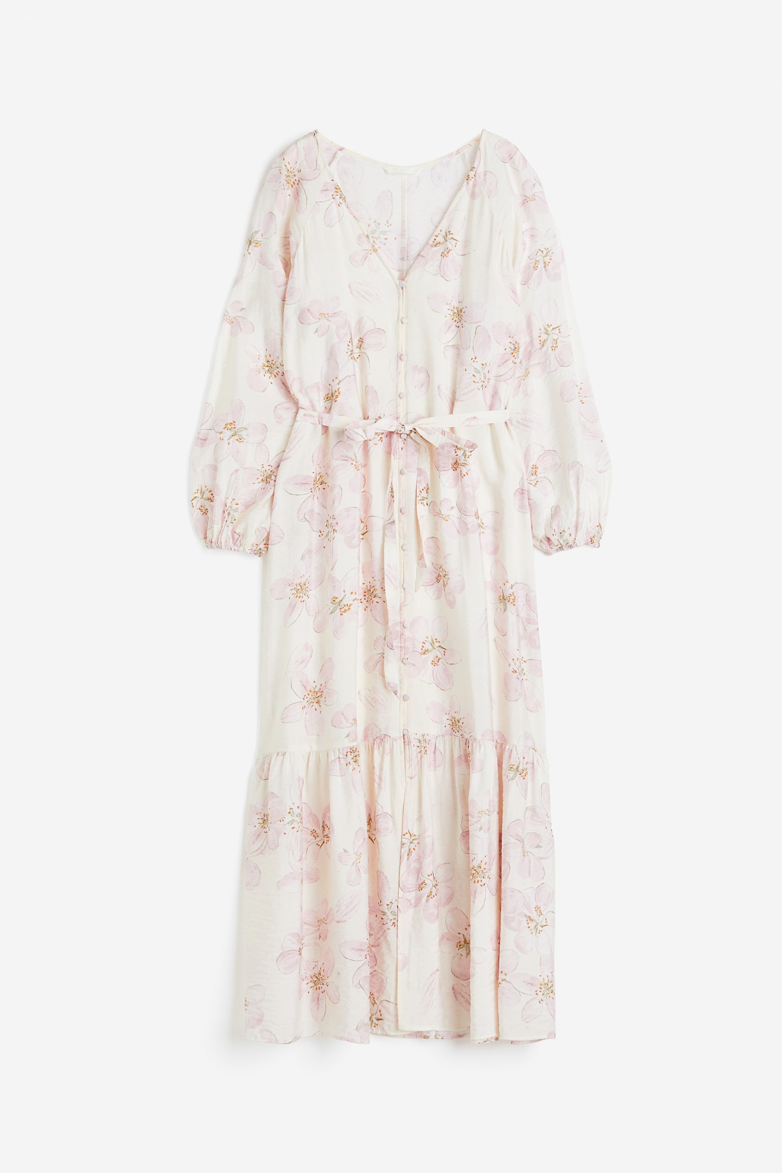 Buttoned tie-belt dress - Cream/Pink floral