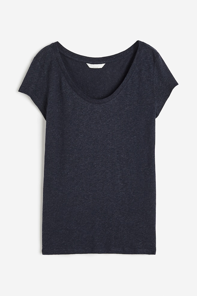 T-shirt i linmiks - Mørk blå/Hvit - 2