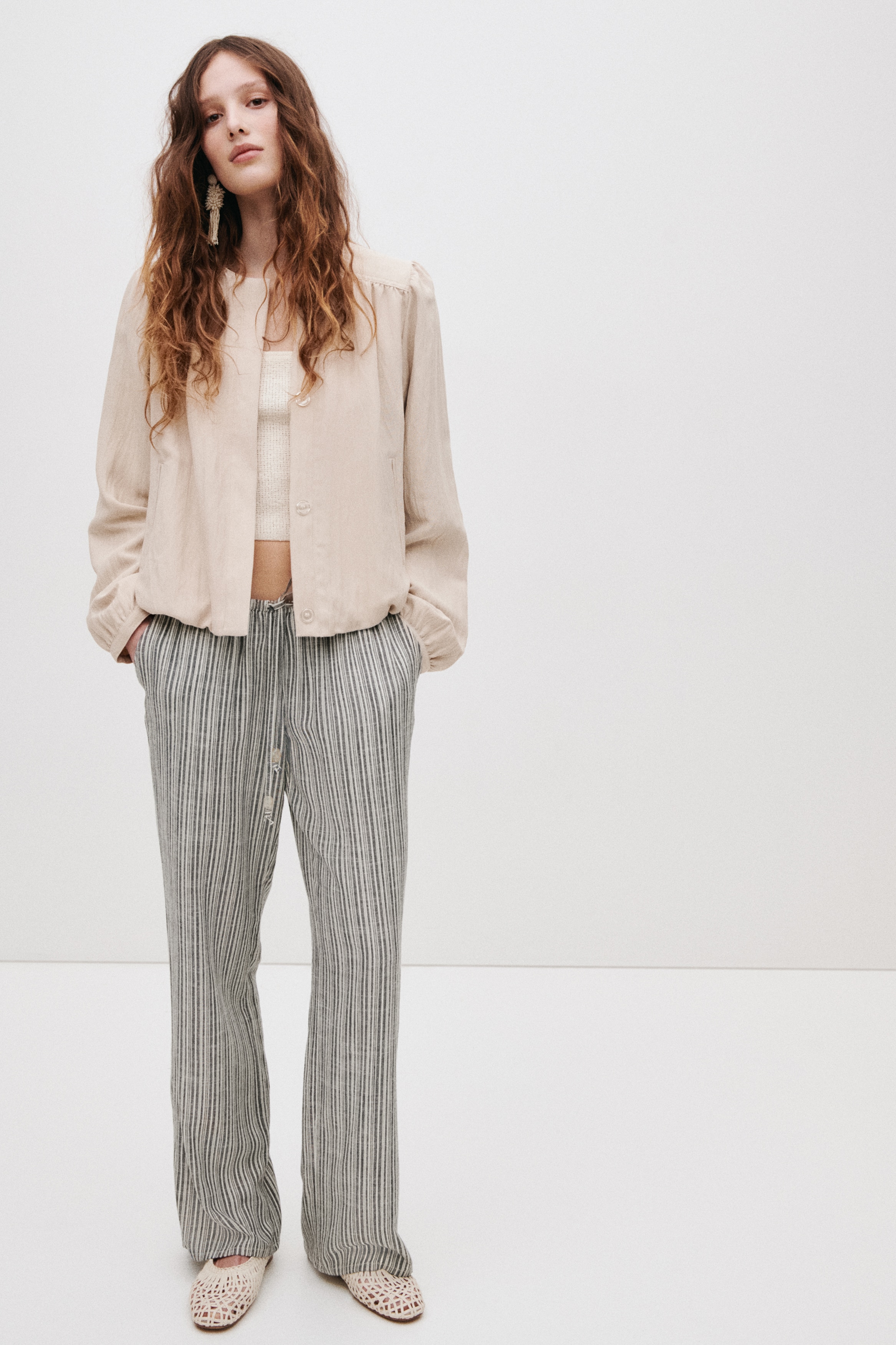 Broek van linnenmix met drawstring - Zwart/gestreept/Roestrood/Zwart