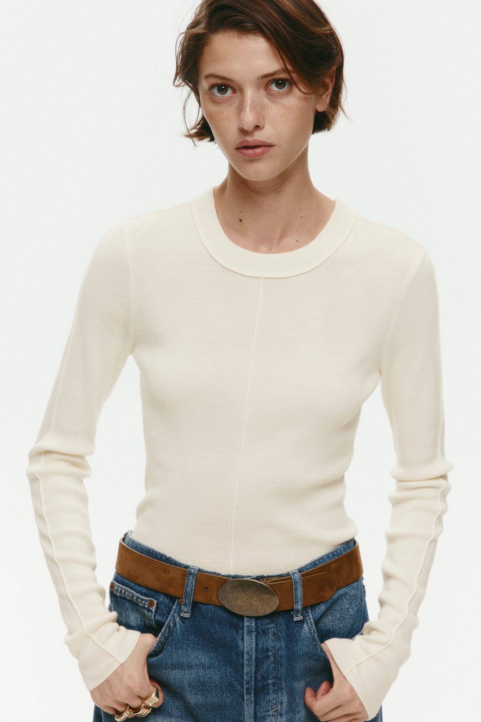 Женский топ H&M Knit Merino Wool, цвет: Кремовый — фото 3