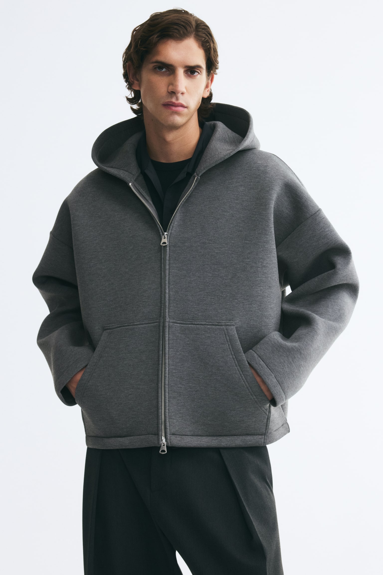 קפוצ'ון סקובה עם רוכסן Oversized Fit‎ - אפור כהה מלאנז' - 1