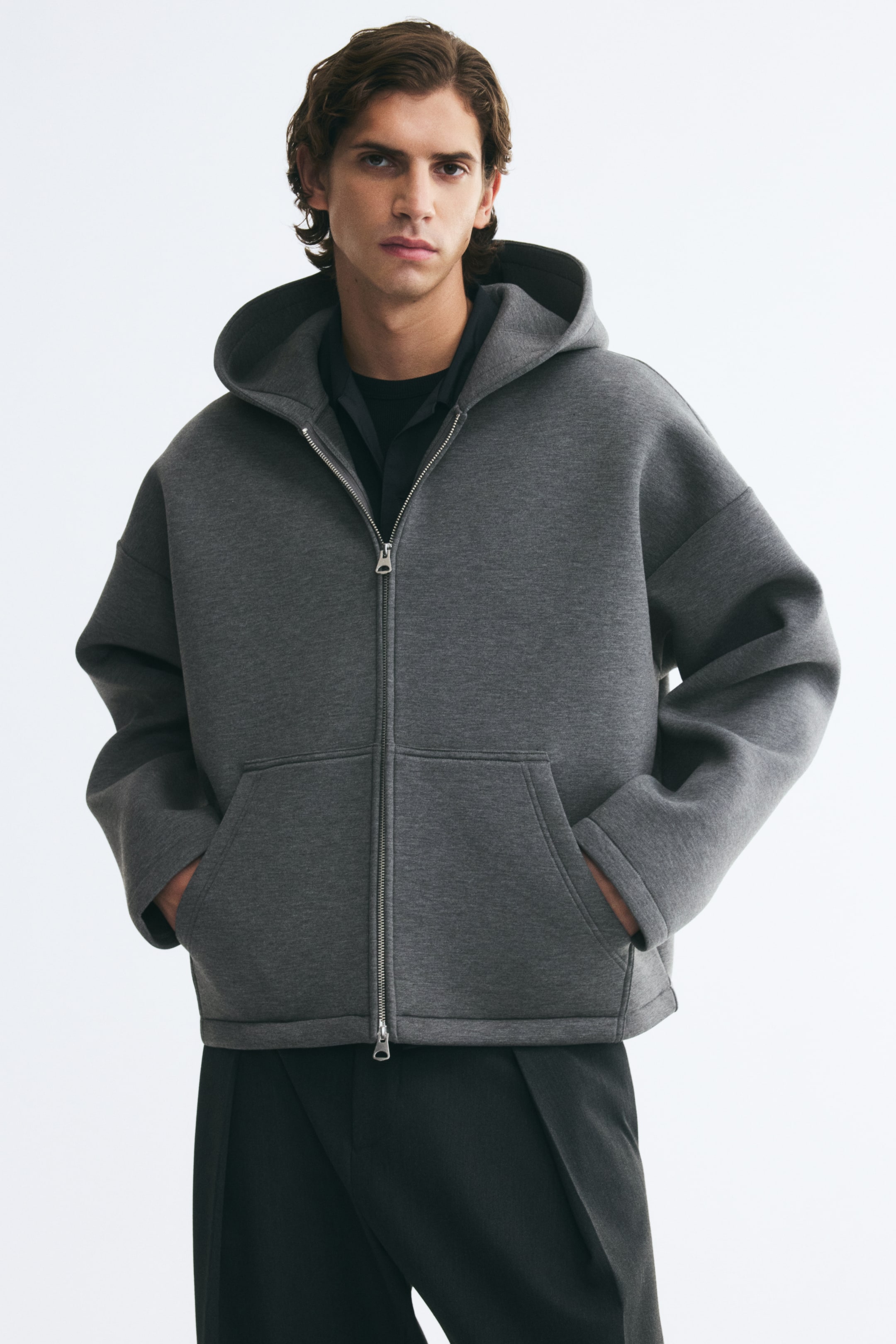 Voir une image plus grande: Veste à capuche ample en scuba à fermeture éclair - Gris foncé chiné - Men | H&M CA 1