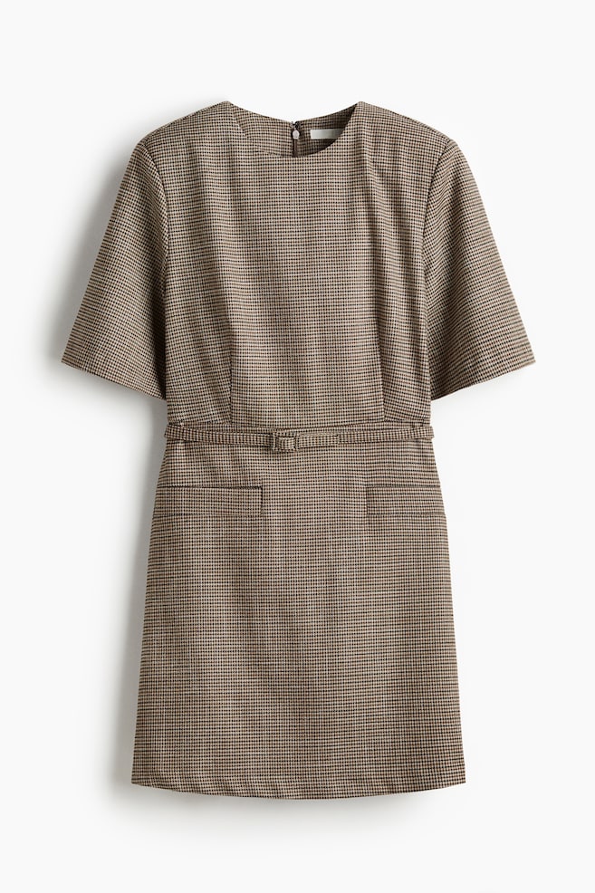 Vestido con hombreras y cinturón - Marrón oscuro/Cuadros - 1