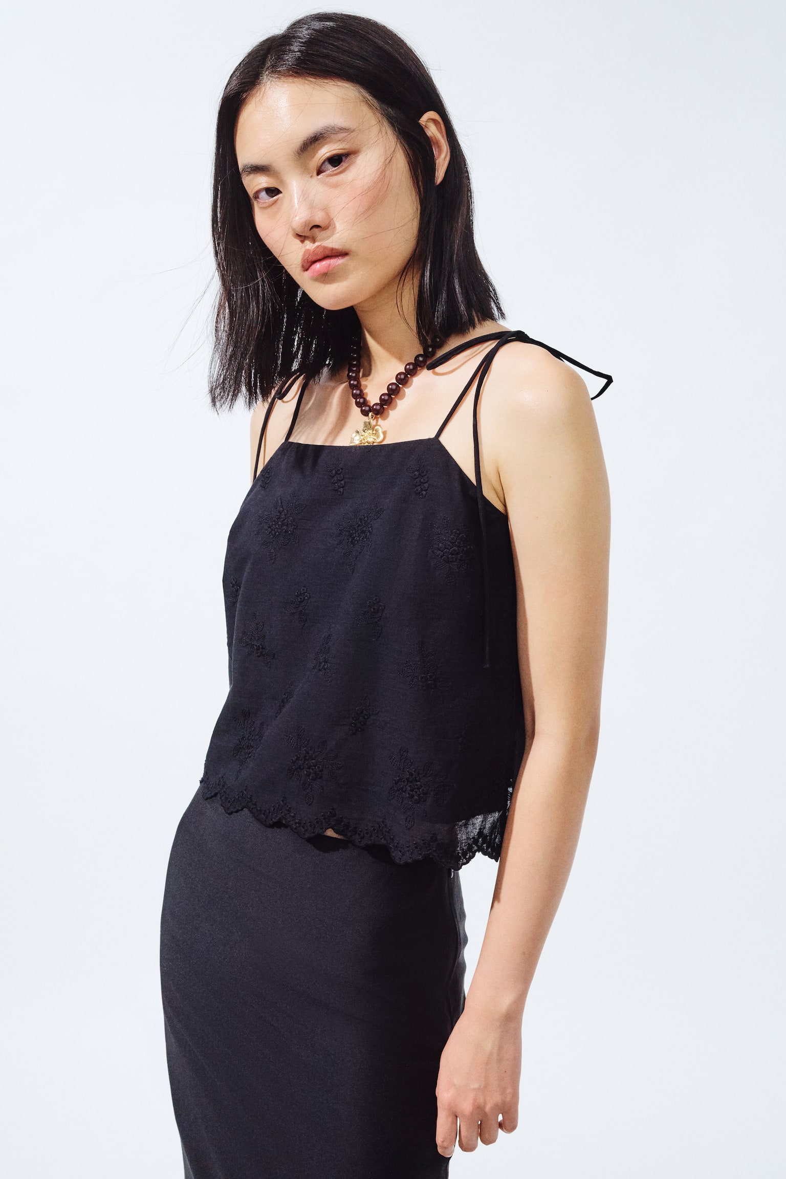 Embroidered Tie Strap Top - Black/Ivory - 1