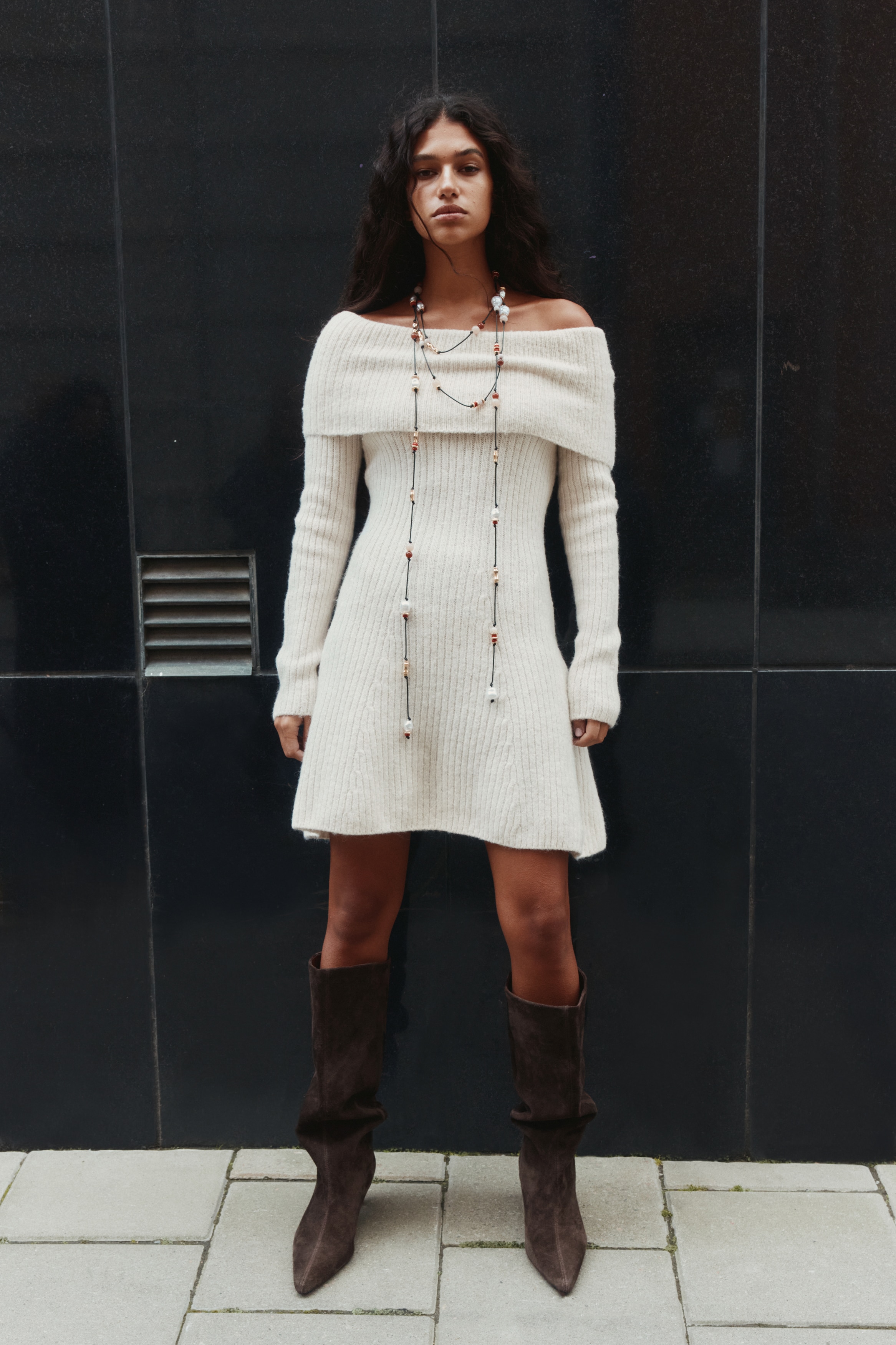 Ladies - Light Beige Rib-Knit Off-the-Shoulder Dress - Size: XXL - H&M