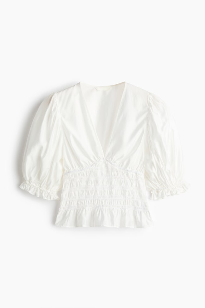 Blus med smockad midja - Vit - 1