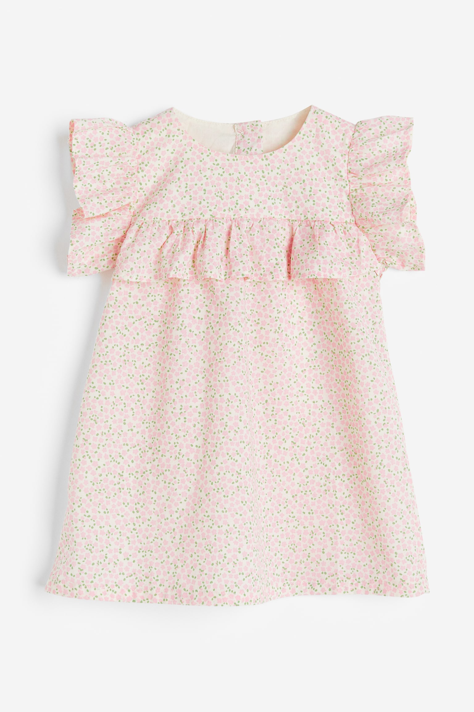 Frill Trim Cotton Dress - Light pink/Small flowers/Red/Stripe/Blue/Check - 1