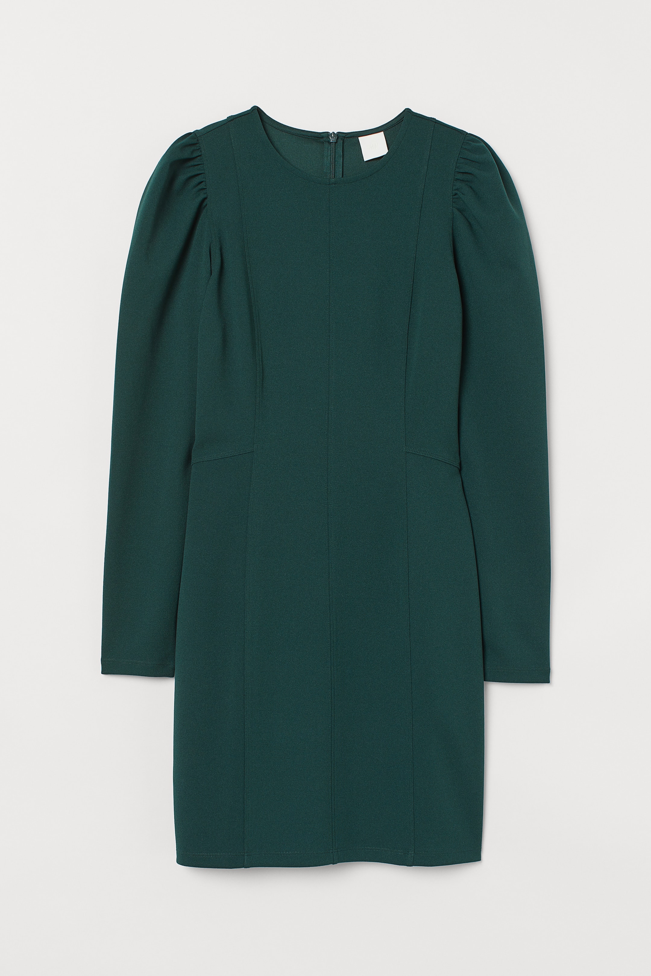 Puff-sleeved dress - Round neck - Long sleeve - Dark green - Ladies | H ...