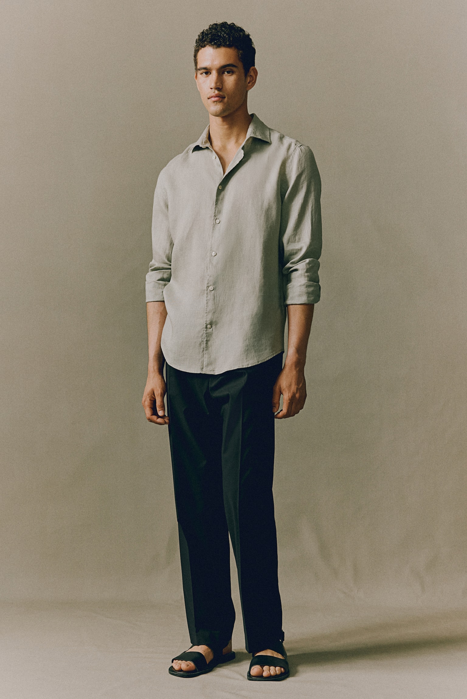 Slim Fit Linen shirt - Sage green/White - 5