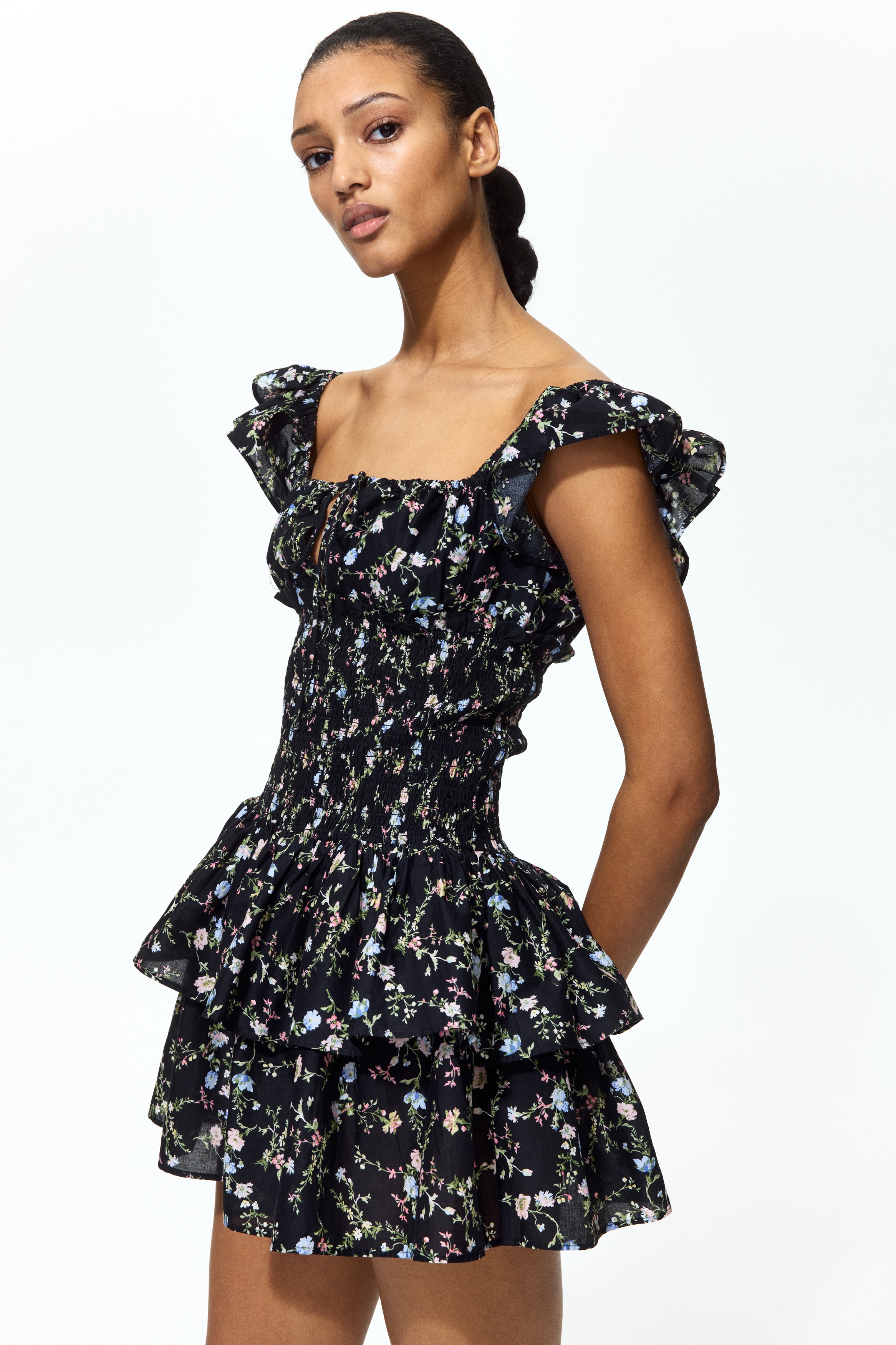 Smocked-waist dress - Black/Floral
