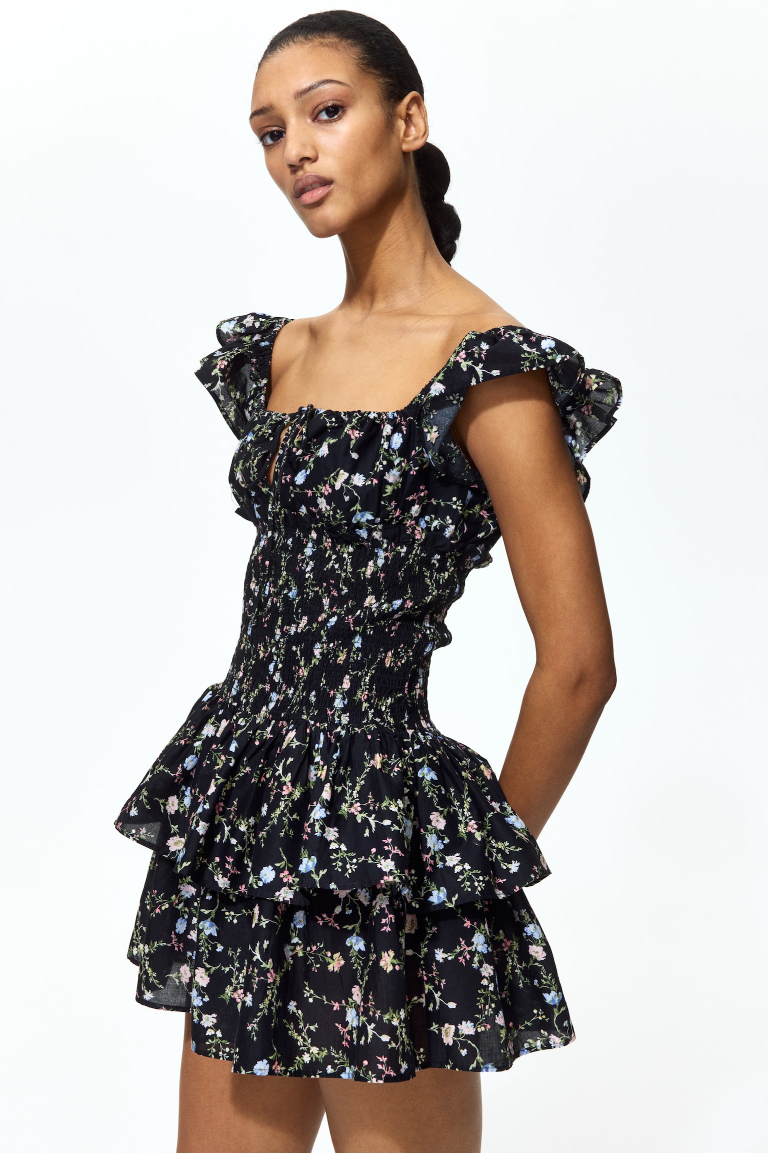 Smocked-waist dress - Black/Floral/White/Blue floral - 2