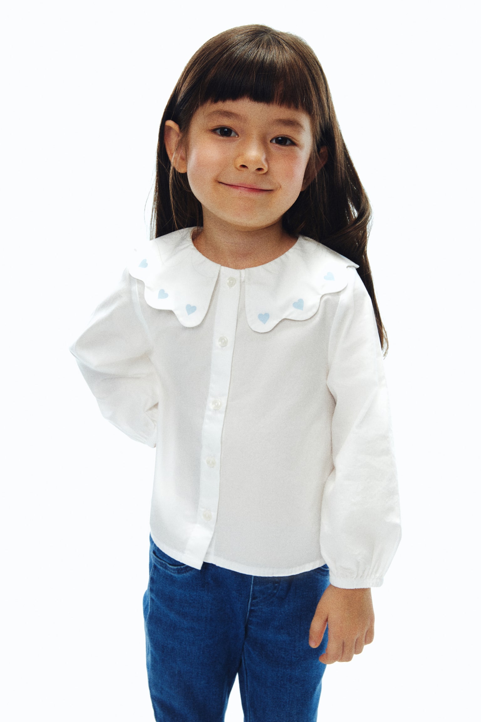 有領府綢棉女衫 - 白色/淺藍色/愛心 - 4