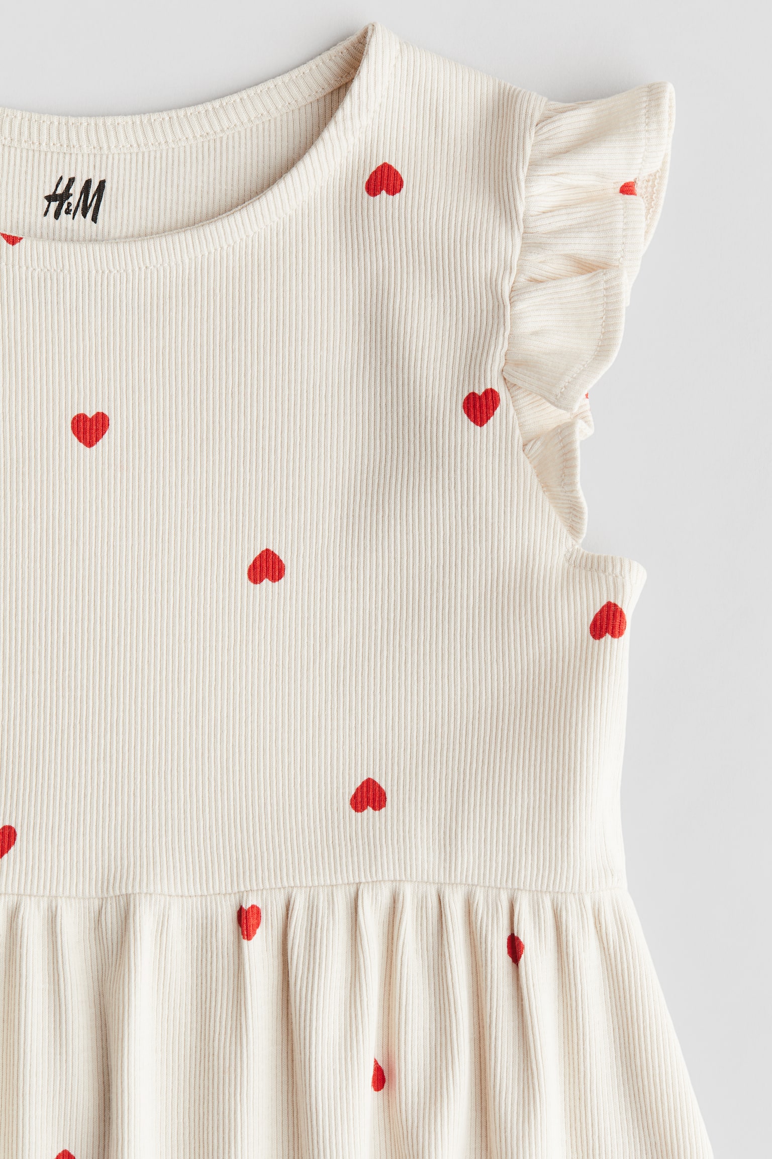 Ribbed flutter-sleeve dress - White/Hearts/Yellow - 2