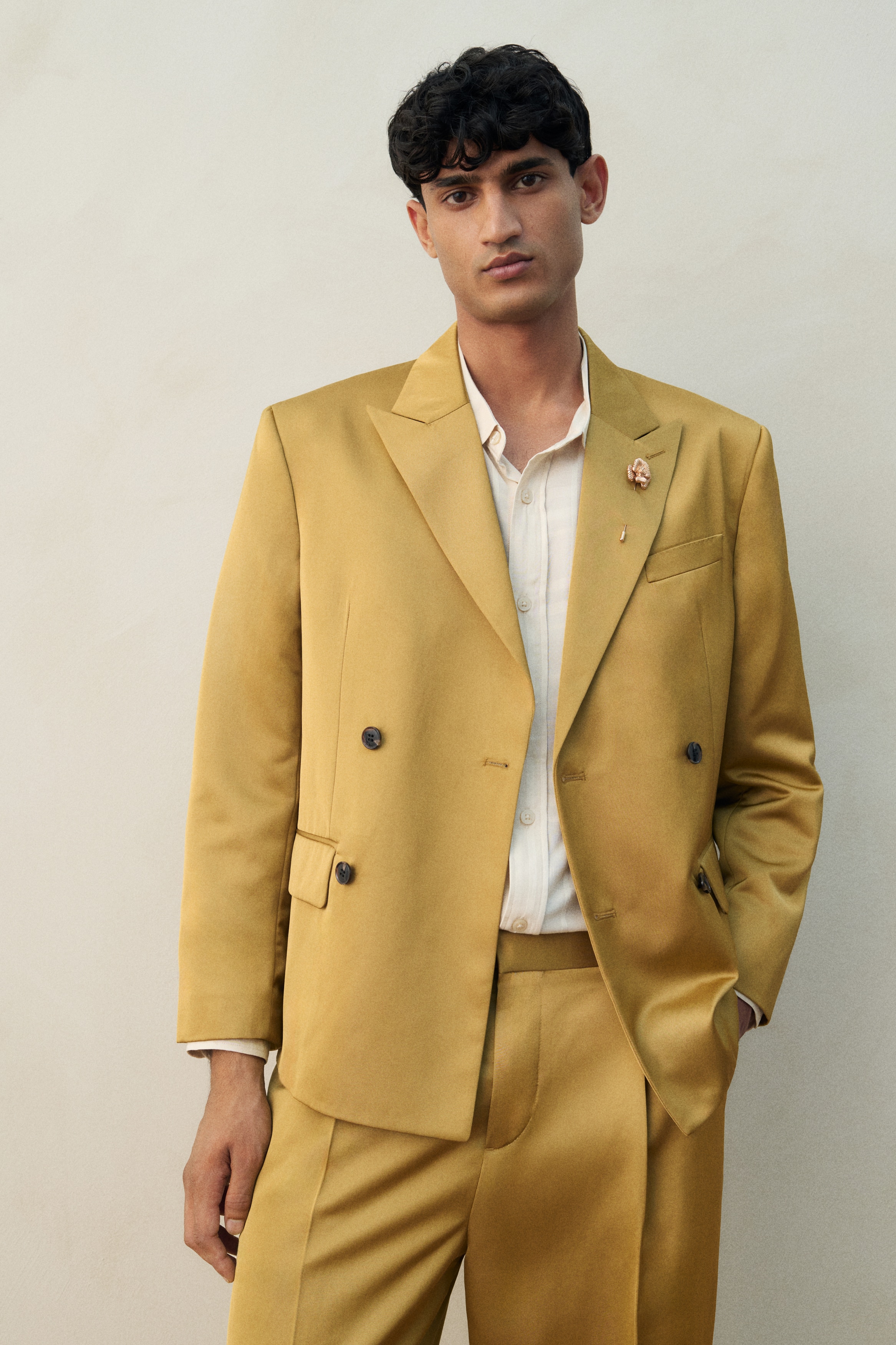 Regular Fit Double-breasted satin jacket - Olive green