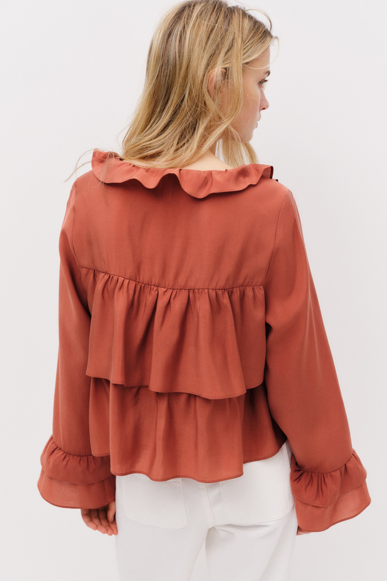Blusa com folhos - Laranja escuro/Bege claro/Verde claro/Floral - 6