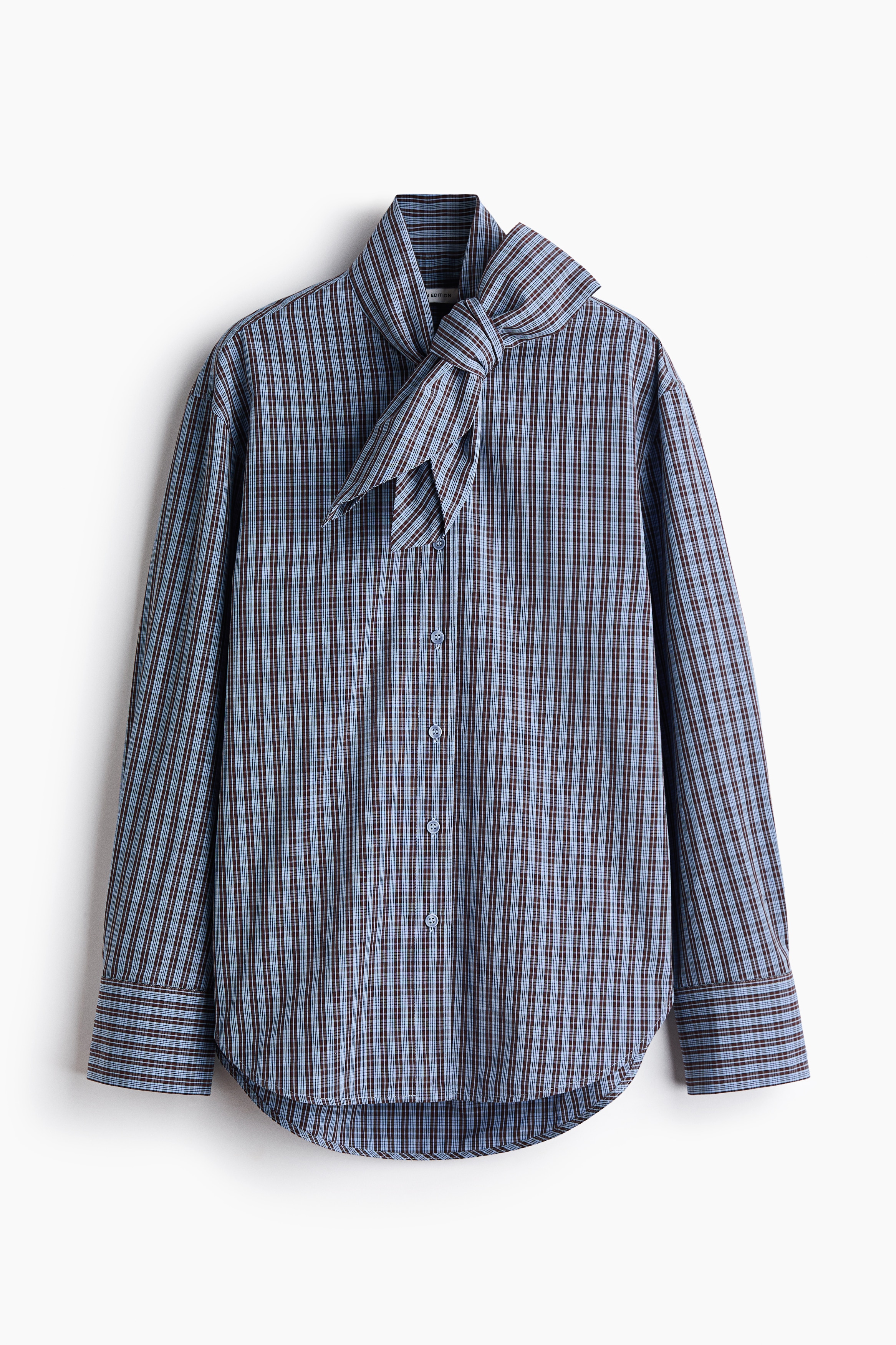 Overhemdblouse van popeline met strikkraag - Lichtblauw/geruit/Lichtblauw