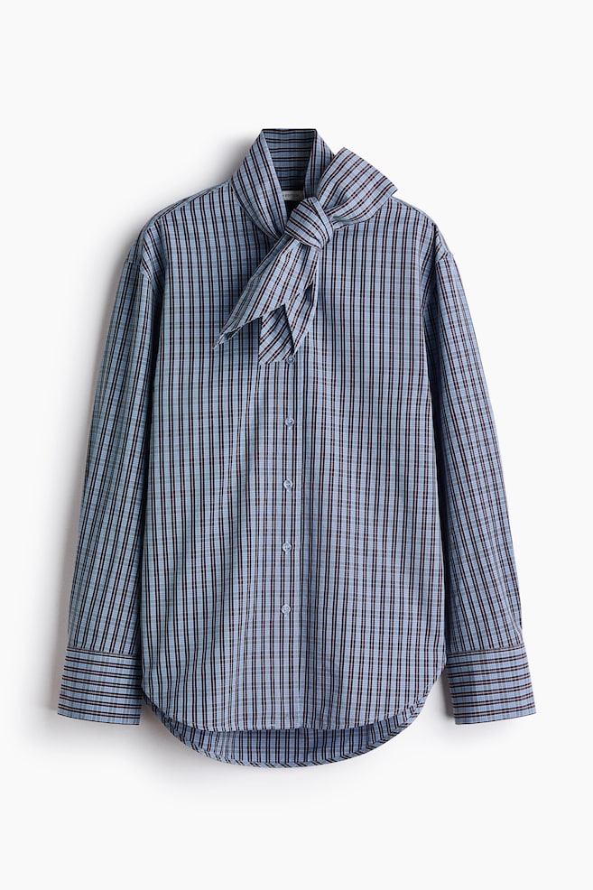 Bow-collar cotton poplin shirt - Light blue/Checked/Light blue - 1