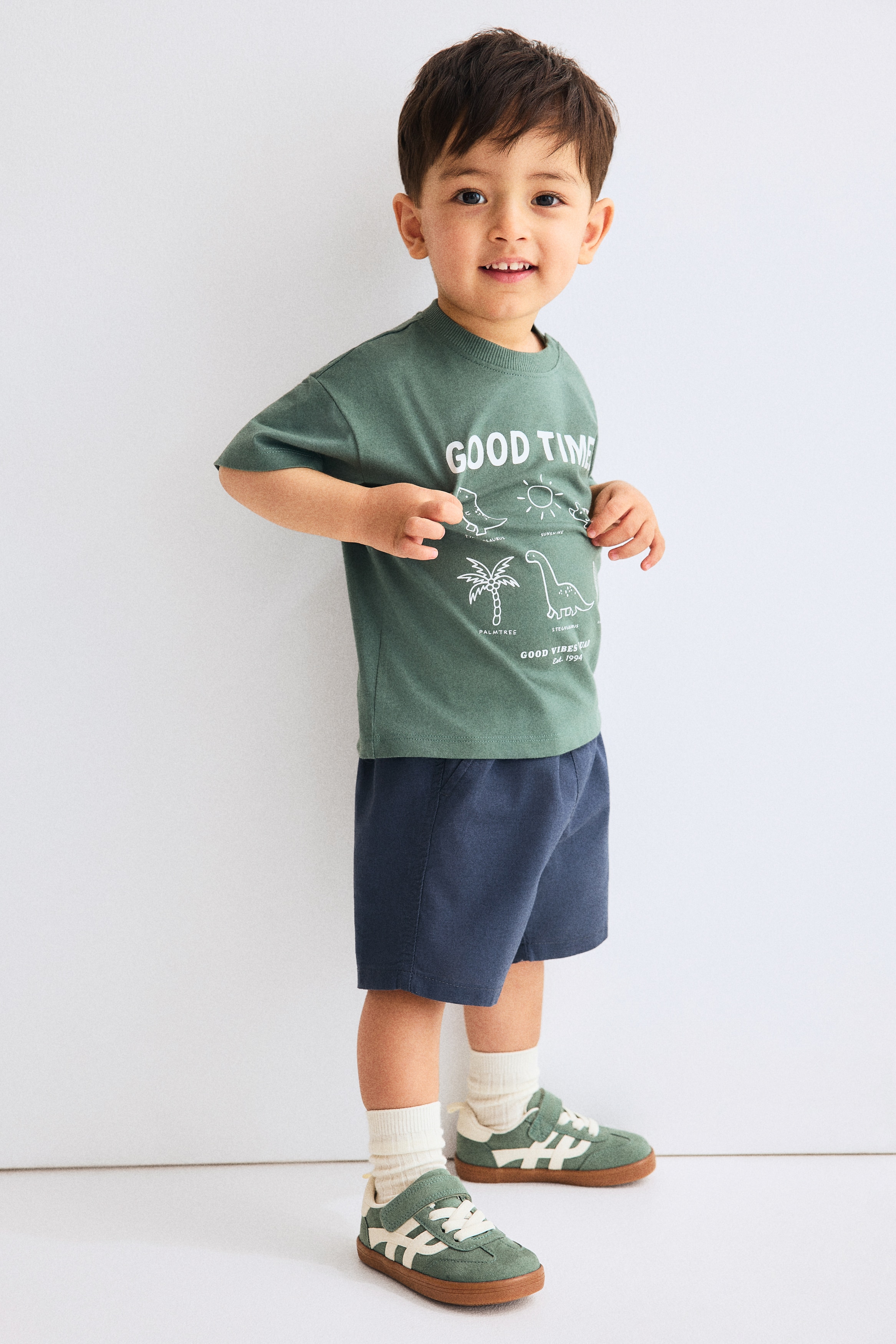 Šortky z lněné směsi - Tmavomodrá/Světle béžová/Světle zelená khaki/Světle béžová