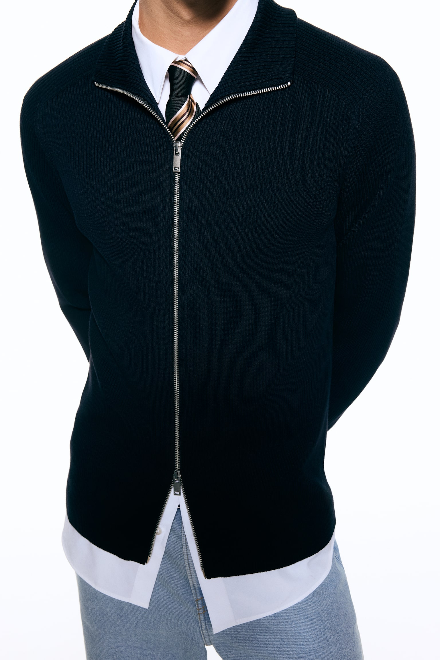 Slim Fit Rib-knit cardigan - Navy blue/White - 5