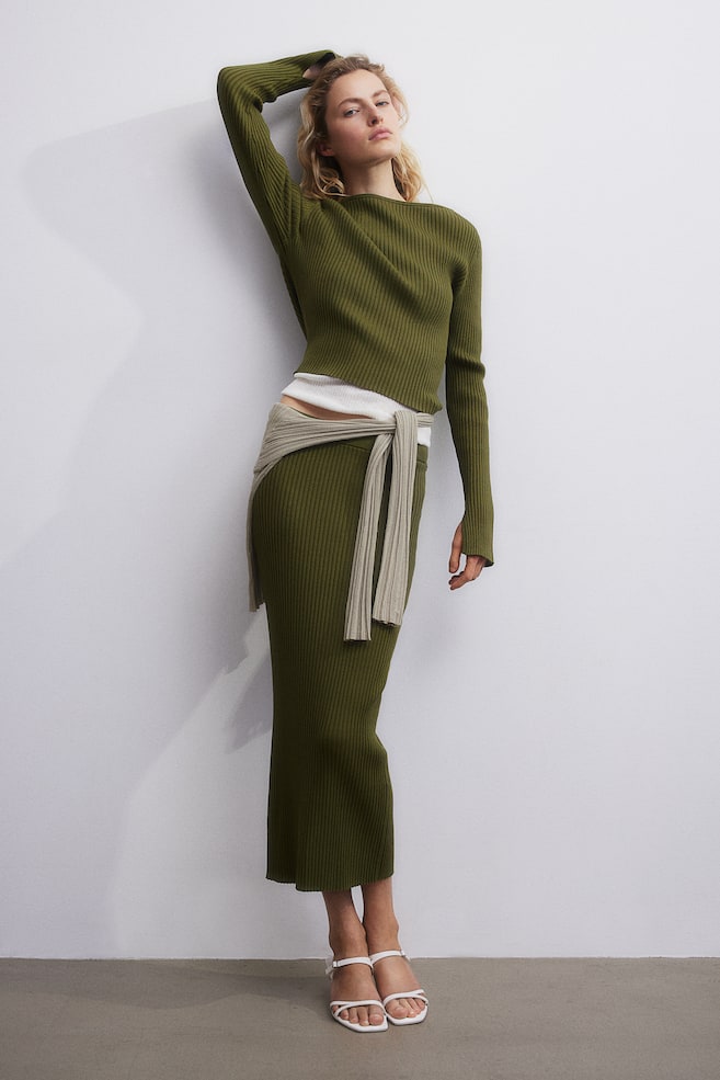 Rib-knit skirt - Dark khaki green/Cream/Striped - 3