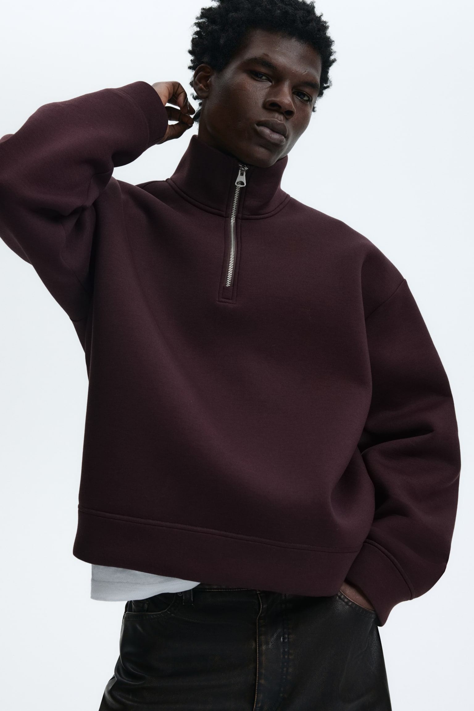 Loose Fit Zip-top scuba sweatshirt - Burgundy/Black - 1