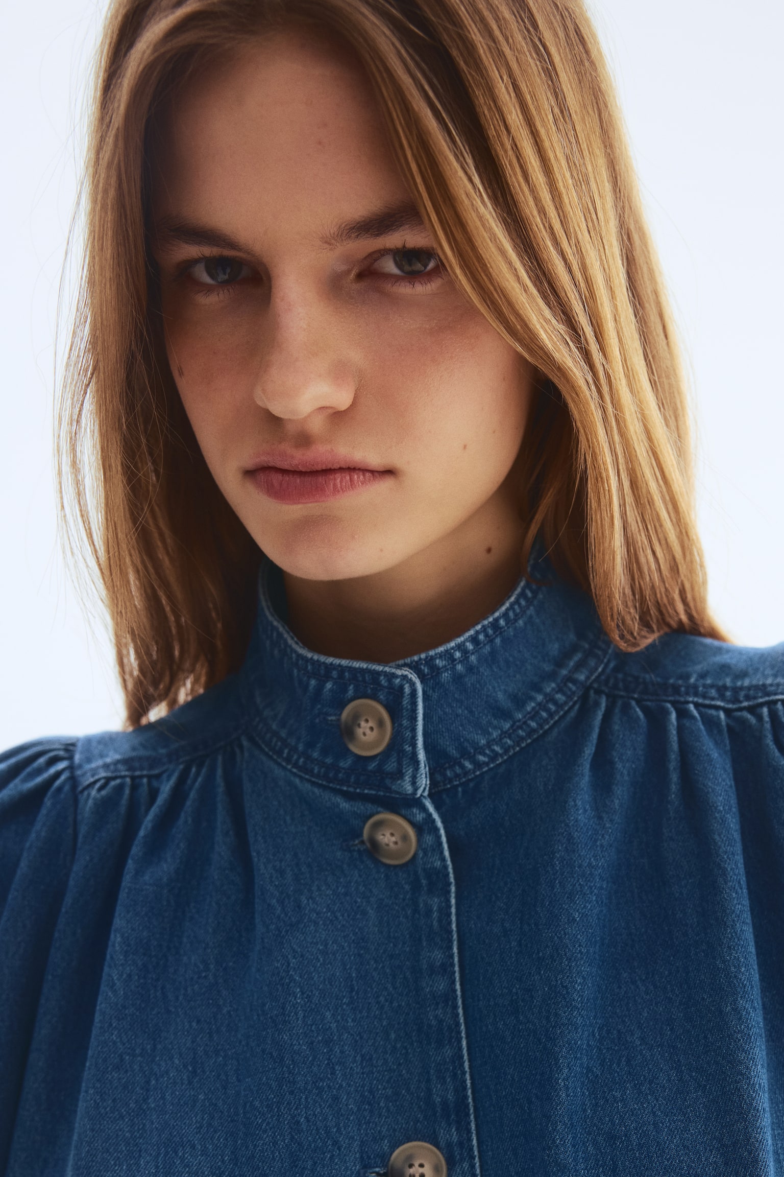 Puff-sleeved twill jacket - Denim blue/Dark brown/Beige - 4