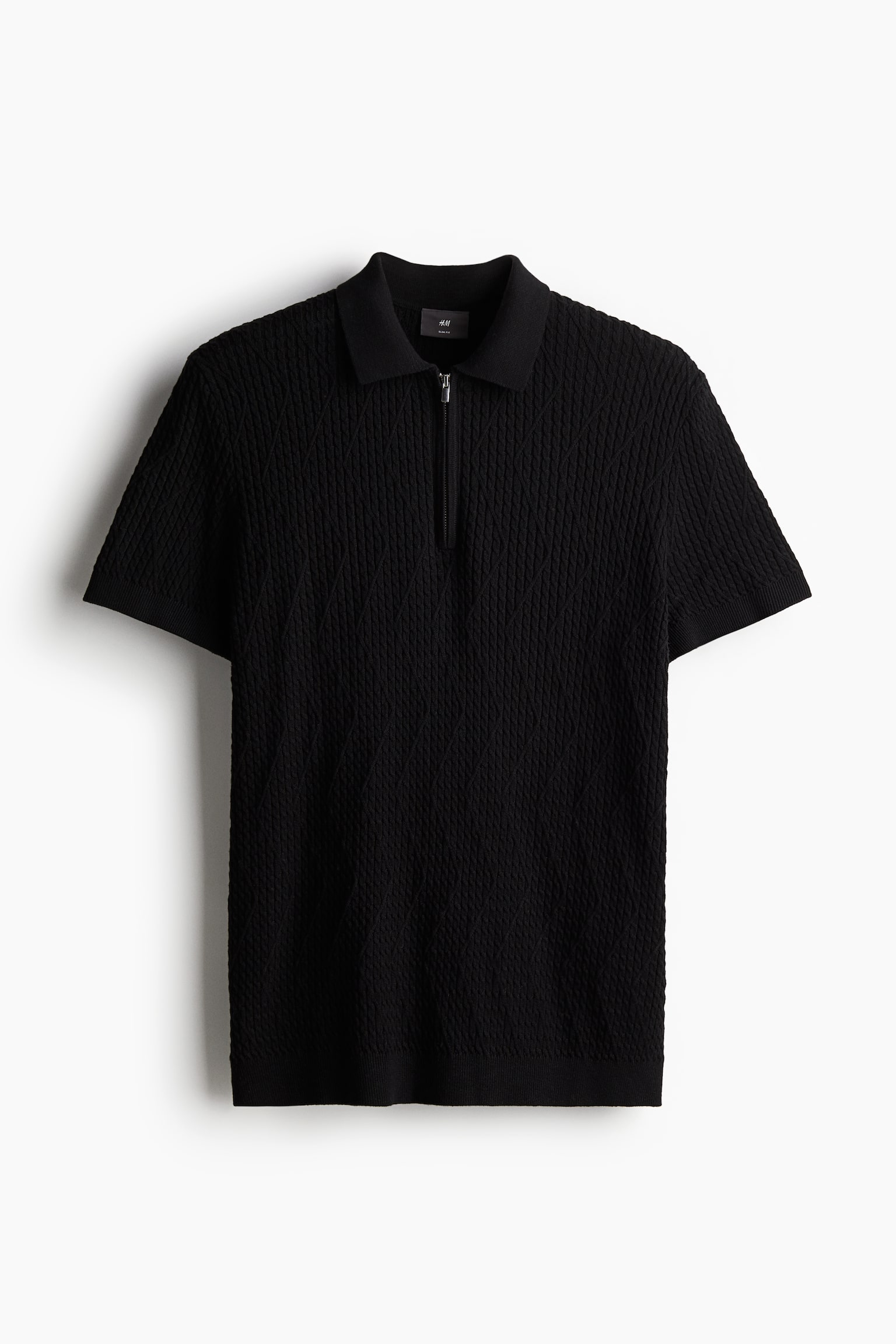 Slim Fit Cable-knit polo shirt - Black - 1