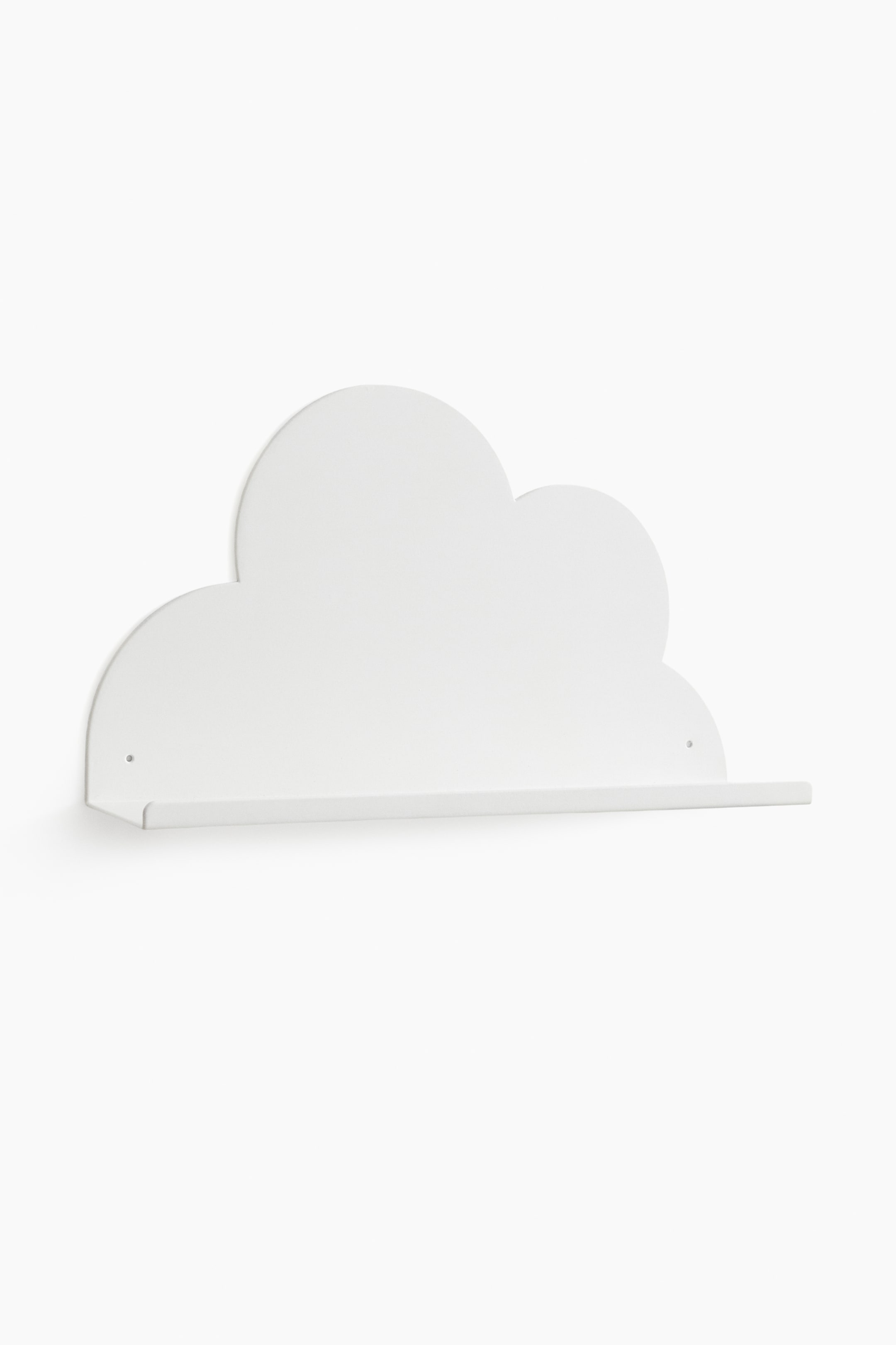 View larger image: A white cloud-shaped wall shelf is showcased from the front, featuring a flat, horizontal shelf with a subtle front lip extending from its base. Two small, dark circular screw holes are visible on the cloud panel.