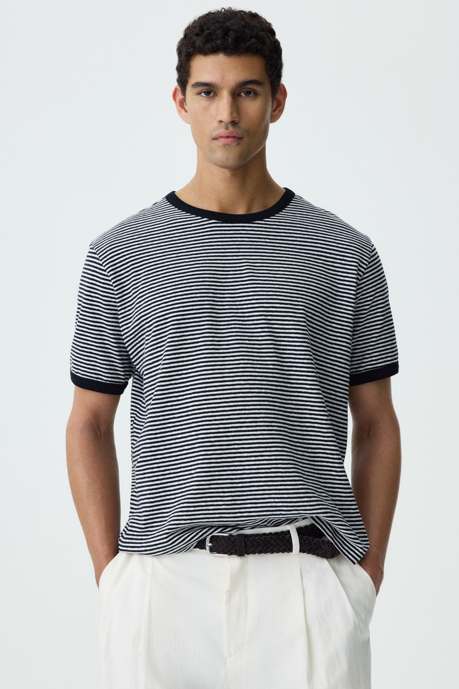 Relaxed Fit Linen-blend T-shirt - Black/Striped/Cream/Striped - 1