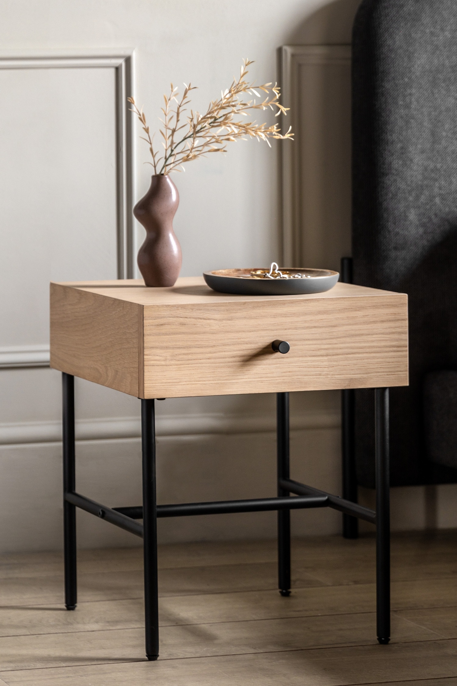 1 Drawer Wood Veneer Bedside Table - Natural