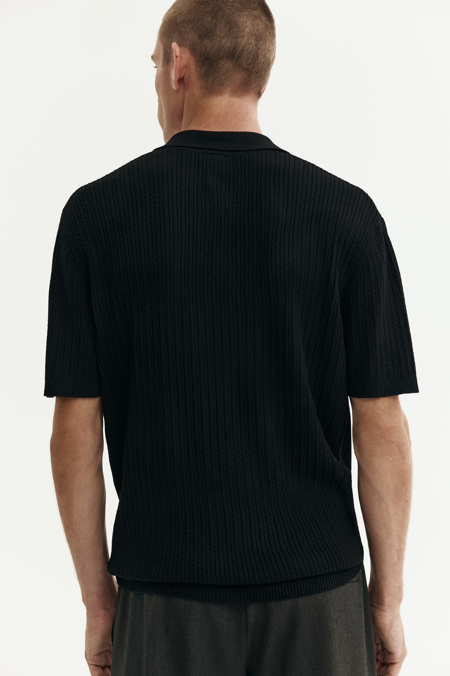 Regular Fit Cable-knit polo shirt - Black/Beige/White - 4