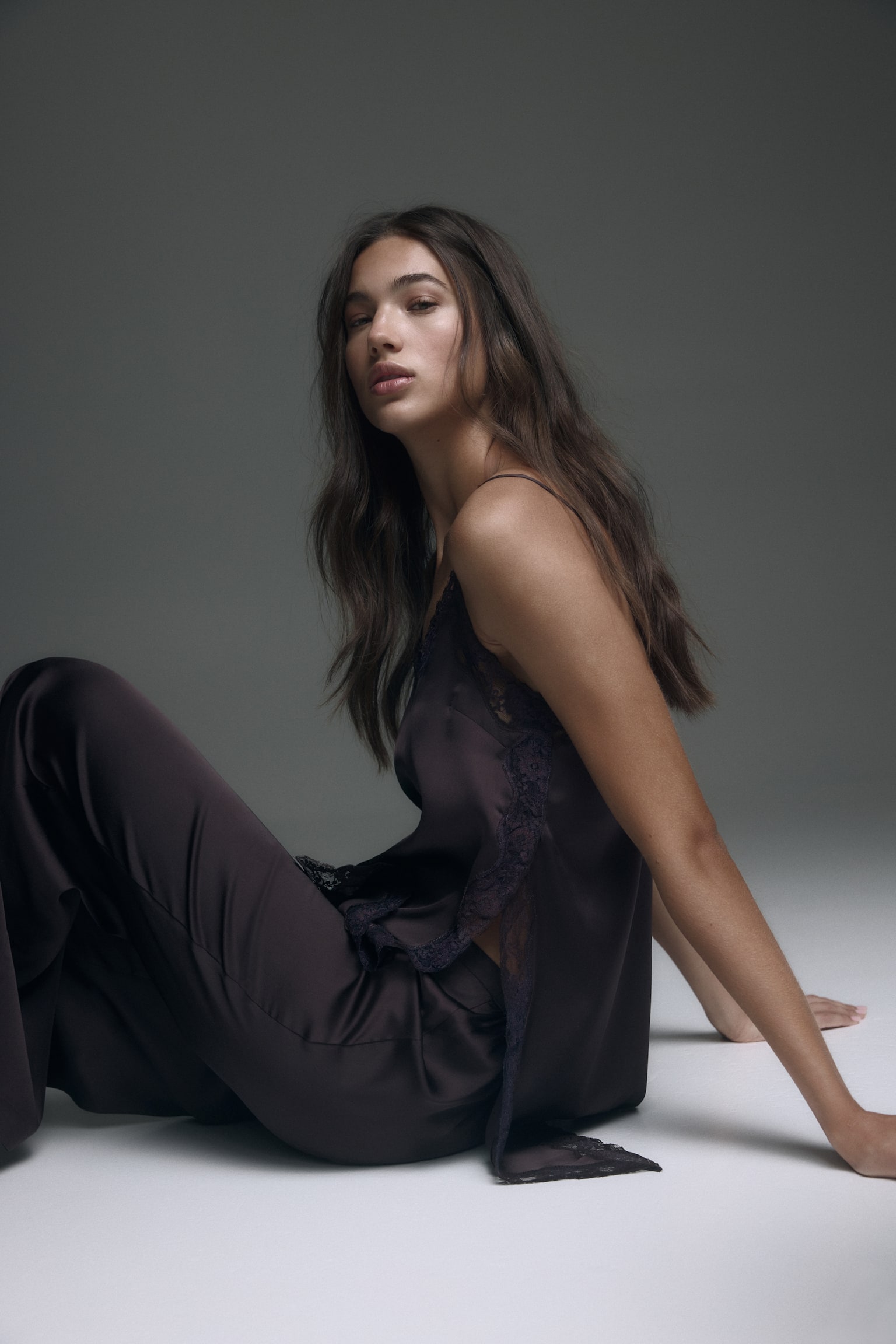 Pijama din satin - Maro-închis/Crem/buline - 5