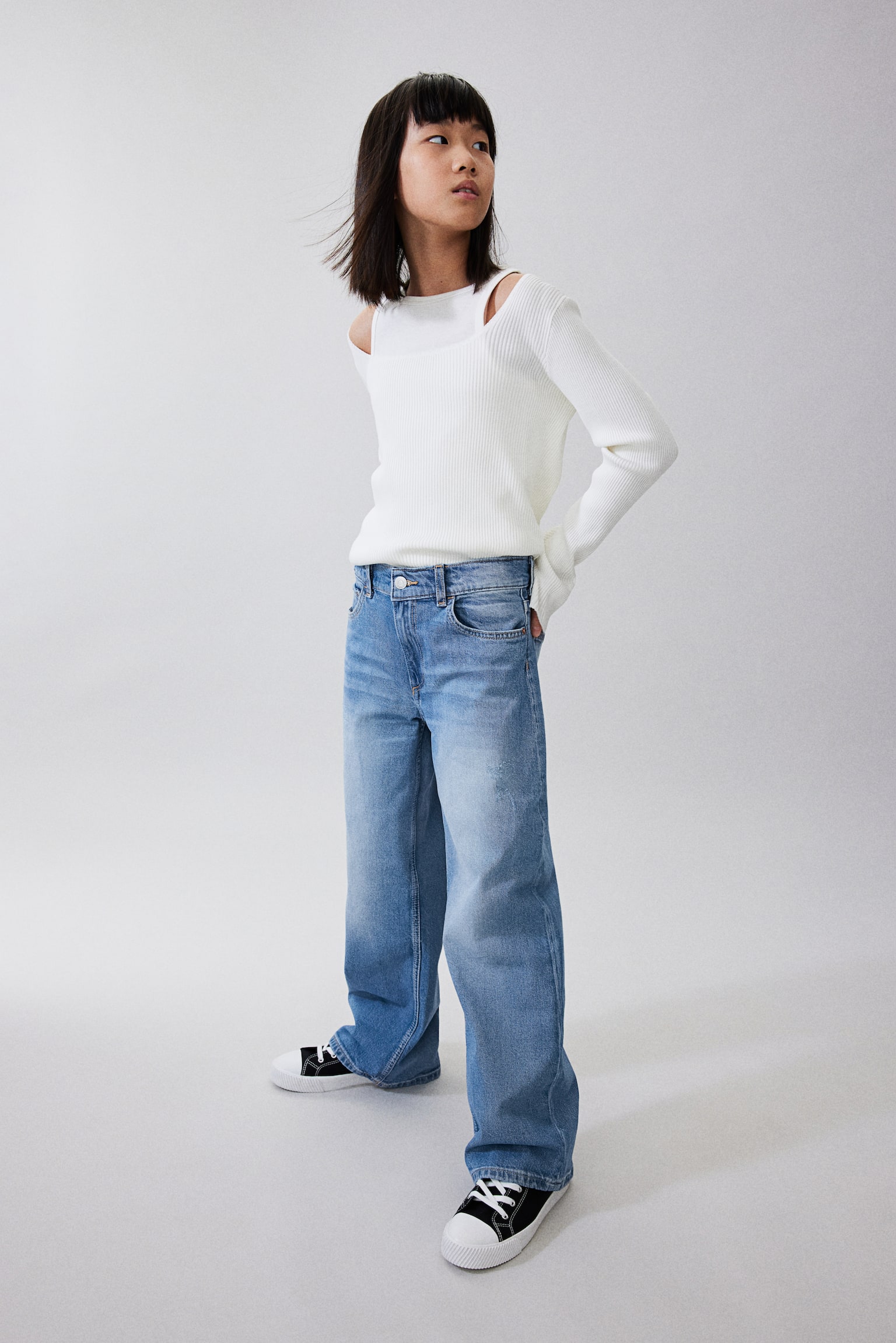 Loose Fit Wide Leg Low Jeans - Denim blue/Light denim blue/White - 5